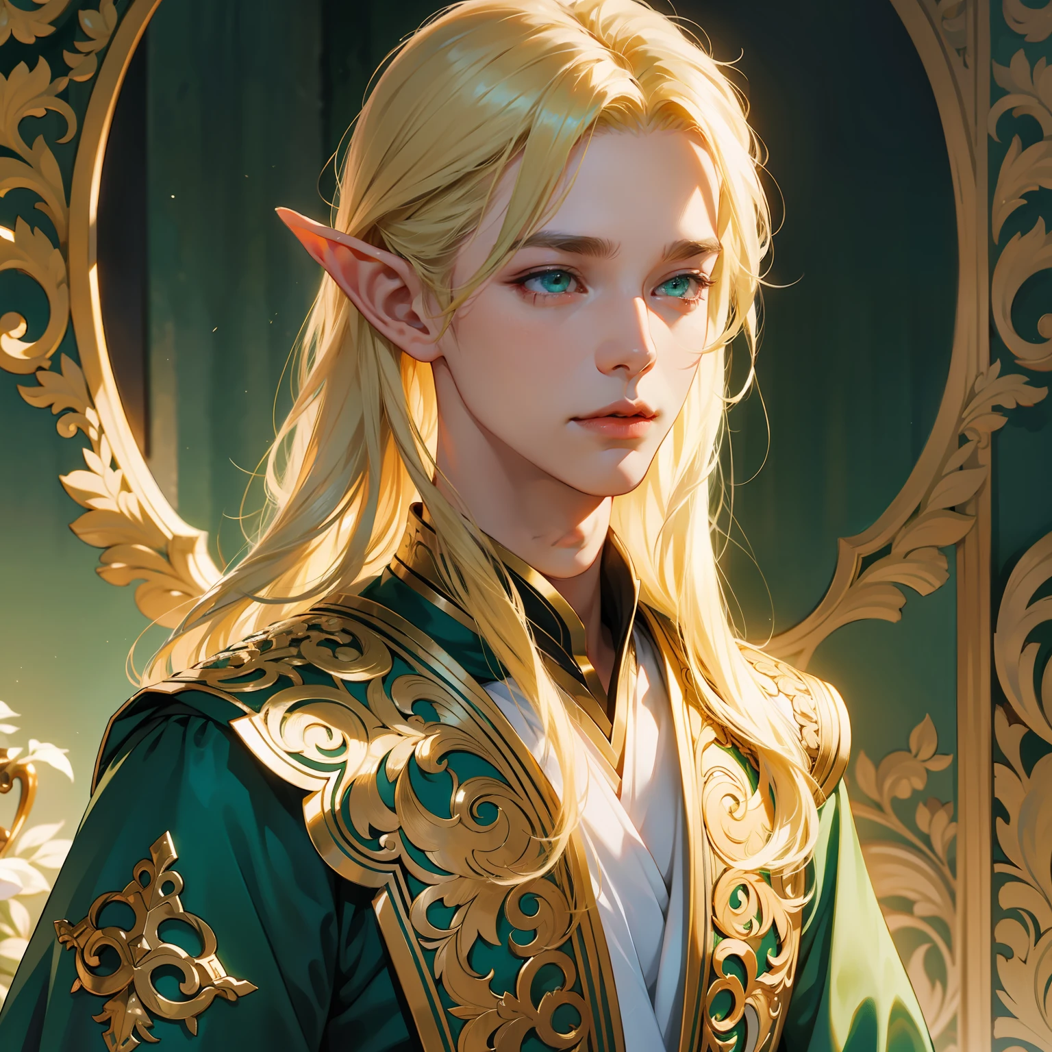 filigree，realisticlying，1boy ，独奏，Long blonde hair，Green eyes，elf prince，Delicate facial features，