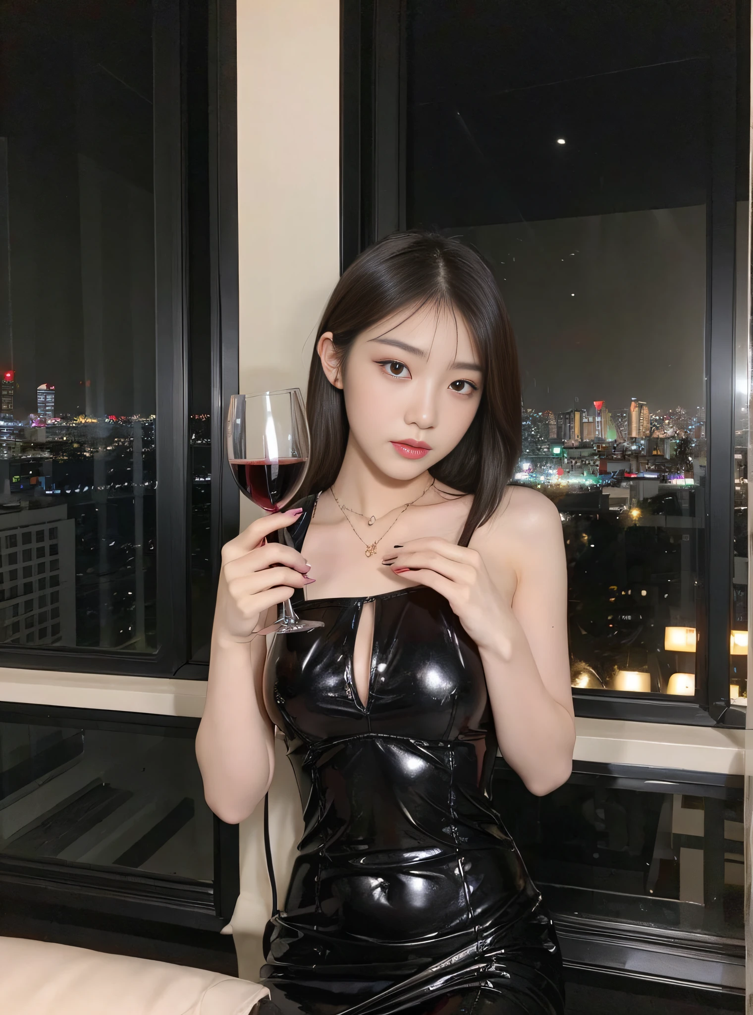 full body photo of a woman in black dress holding a wine glass with a city view, with a drink, full body xianxia, jisoo from blackpink, jisoo of blackpink, photo of slim girl, cruel korean goth girl, captured on canon eos r 6, holding a drink, she is wearing a black dress, gorgeous young korean woman, female death holding a cocktail, ulzzang, a young asian woman, split screen, 2 screens, cloned face, same face, same hairstyle, same person, twins, ((Best Quality, 8K, Masterpiece: 1.3)), Focus: 1.2, Sexy Beauty with Perfect Body: 1.4, Buttocks: 1.3, ((Layered Haircut, Beautiful Breasts: 1.2)), (Wet Clothes: 1.3), (Wild Exposure: 1.3), (Transparent Sexy Underwear: 1.1), Highly Detailed Face and Skin Texture, Delicate Eyes, Double Eyelids, Oily Skin, Long Hair, (Shut Up: 1.3), (Pores: 1.2), (Protruding Crotch :1.2)，(milf:1.2)，(sexy:1.3)，( star:1.2)