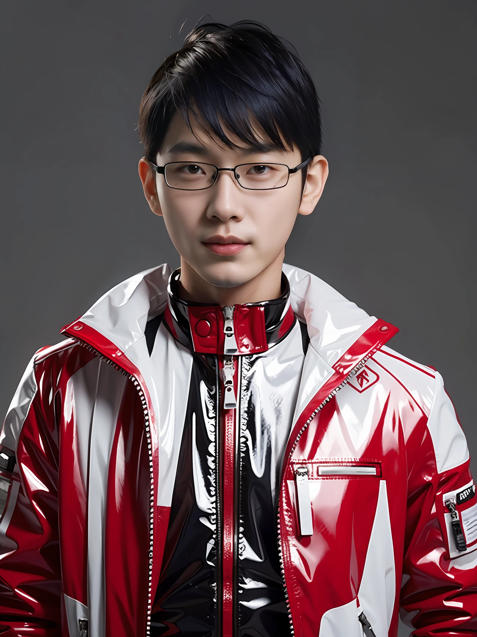 a high school boy,Wear a PVC red race suit,There are zippers,greybackground