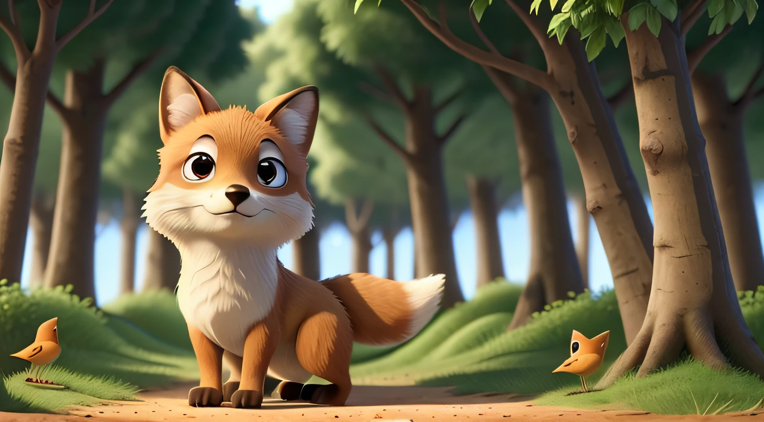 "Image of just a baby fox looking at birds, em uma floresta iluminada pelo sol" ((melhor qualidade)), ((obra-prima)), (detalhado: 1.4), ....3d.