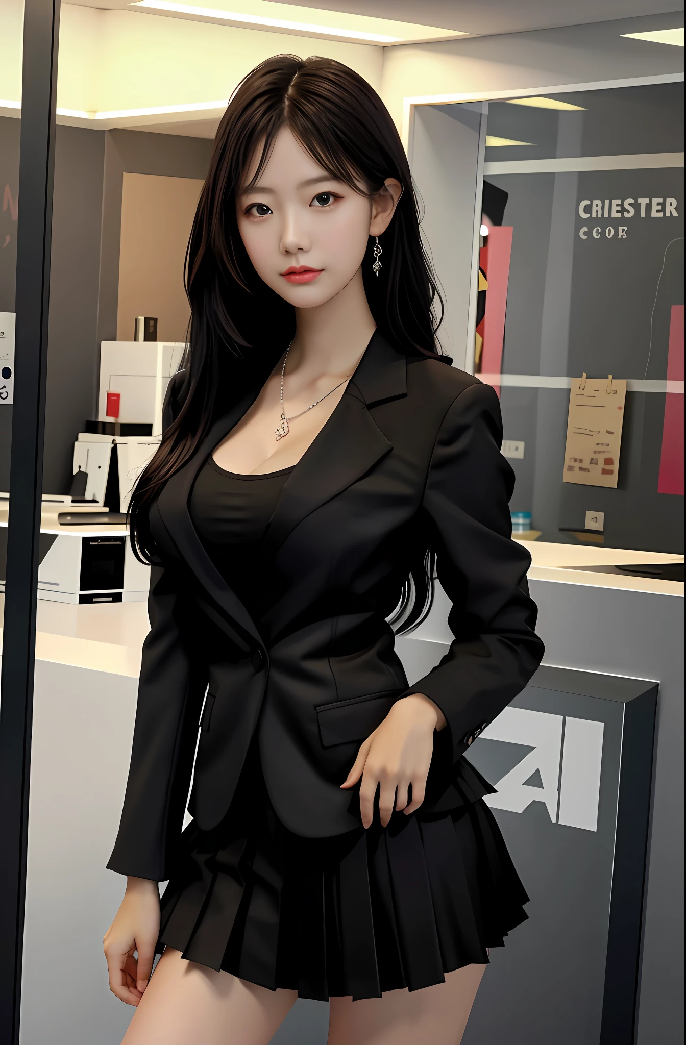 best qualtiy, tmasterpiece, 1girll, beauitful face, (photograph realistic:1.3), edge lit, (highdetailskin:1.2), 8K UHD, digital SLR camera, high high quality, A high resolution, 4k, 8k, bokeh, absurderes, Optimal proportions of four fingers and one thumb, (realisticlying:1.3), Cute 1girl, Wearing a black formal blazer, Large breasts, short skirt,(Office lobby background:1.2)