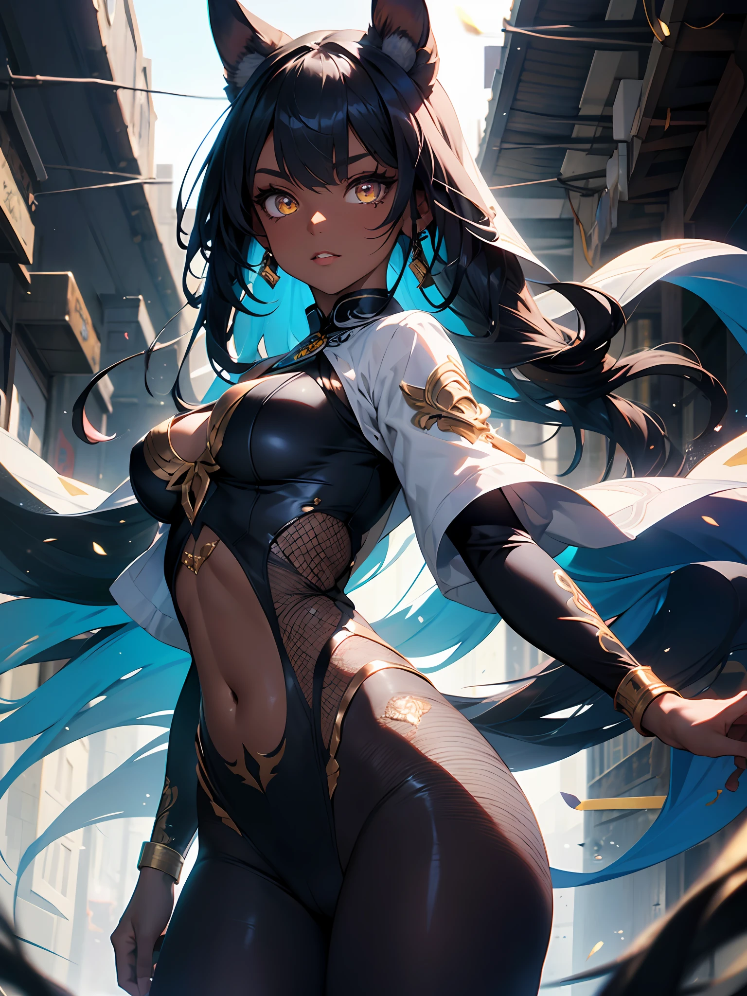 Egyptian, ((masterpiece)), (((very dark skin))), detailed lips, makeup, extremely high quality artwork, masterwork, best quality, incredibly absurdres, ((best quality)), (ultra-detailed), (beautiful detailed eyes), illustration, dynamic angle, depth of field, dynamic light, anubis ears, detailed anubnis ears, BLACK hair , MEDIUM hair, bangs, (dark skin), YELLOW eyes, medium breasts, belly dancer outfit, veil, dynamic pose fishnet bodysuit, reverse bunnysuit, heart pasties, Raiden Shogun, Genshin Impact, MILF, areola, mature woman, masterpiece, intricate details, highres, absurdres, ultra-detailed, in a public place, shy,