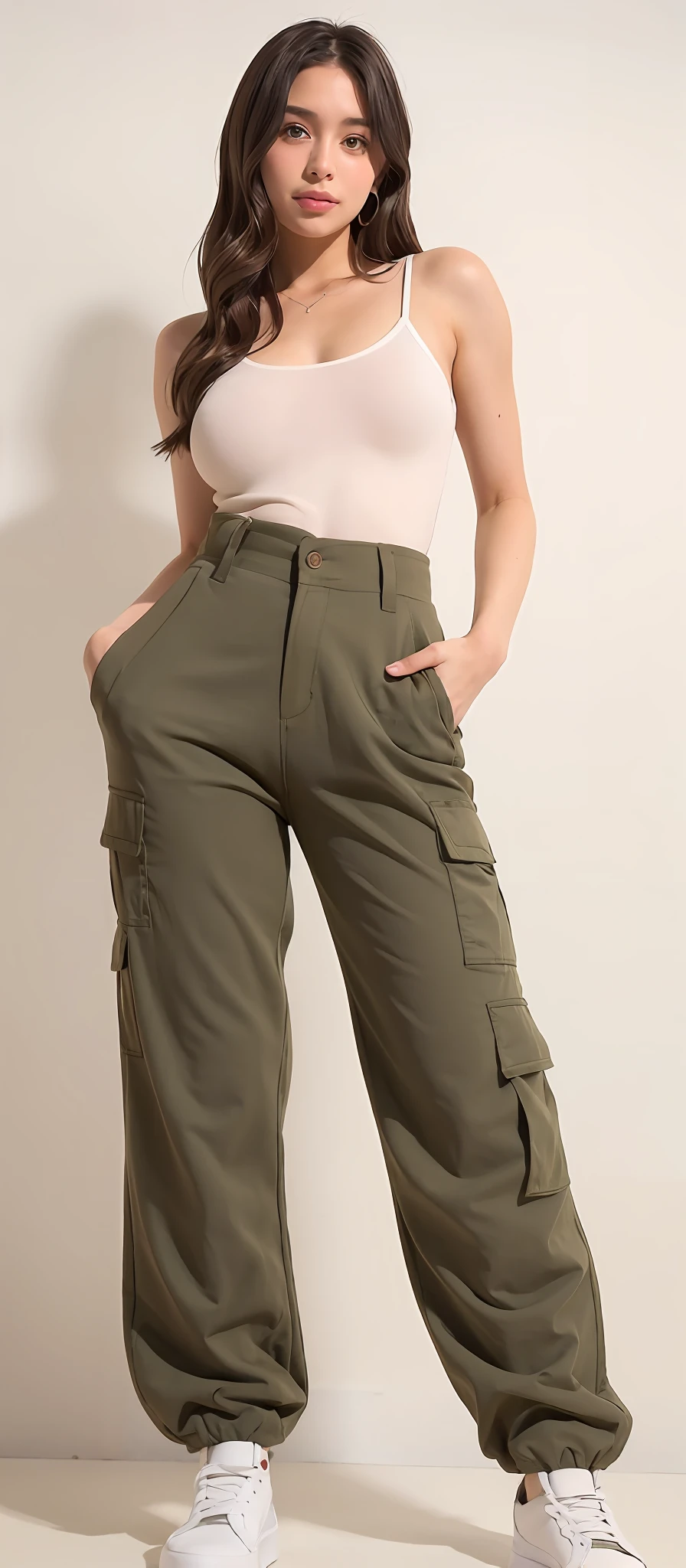 A beautiful woman in a white top and green pants posing for a photo, Olive green pants, wearing cargo pants, military pants, baggy pants, large pants, cargo pants, high waist sweatpants, verde oliva, Pants, frouxamente cortado, vestindo um baggy, 😭 🤮 💕 🎀, 🤬 🤮 💕 🎀, com dois bolsos frontais, azeitona
