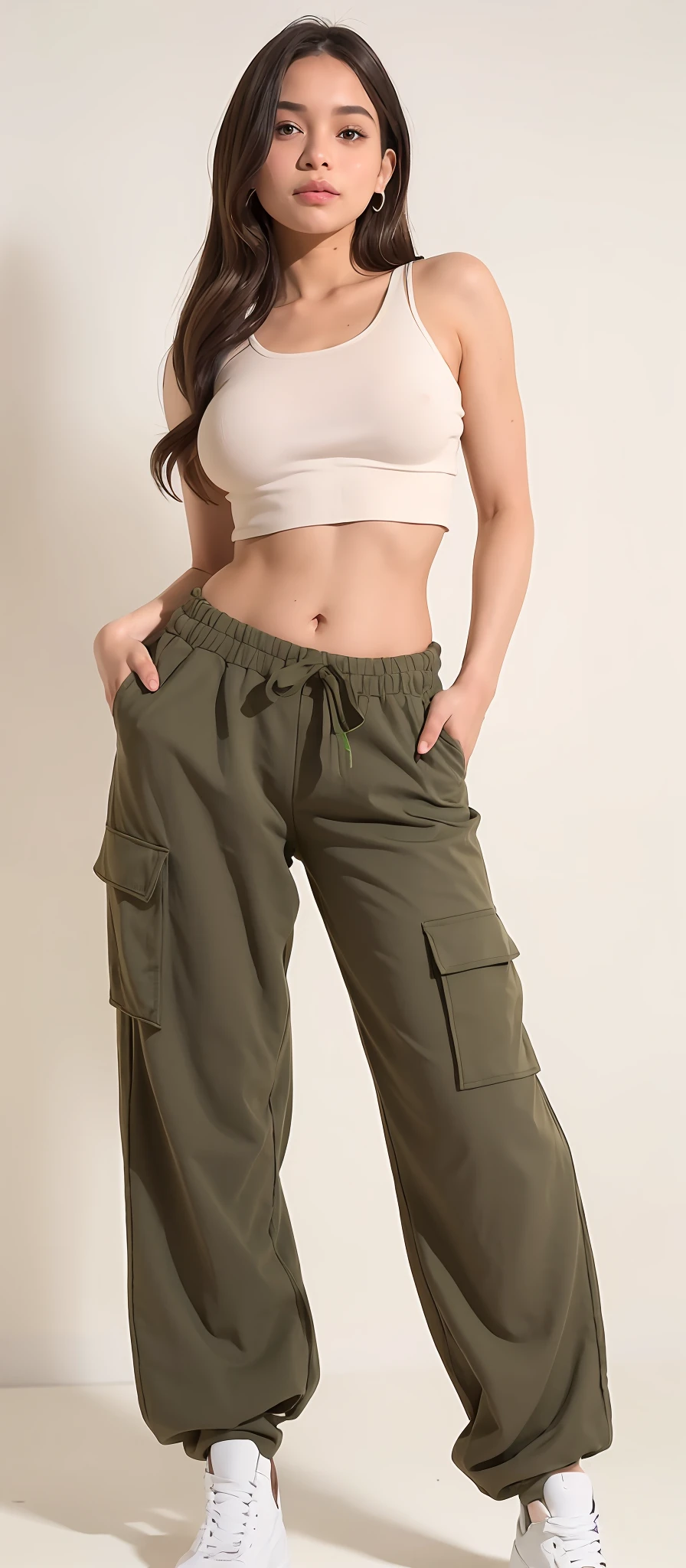 A beautiful woman in a white top and green pants posing for a photo, Olive green pants, wearing cargo pants, military pants, baggy pants, large pants, cargo pants, high waist sweatpants, verde oliva, Pants, frouxamente cortado, vestindo um baggy, 😭 🤮 💕 🎀, 🤬 🤮 💕 🎀, com dois bolsos frontais, azeitona