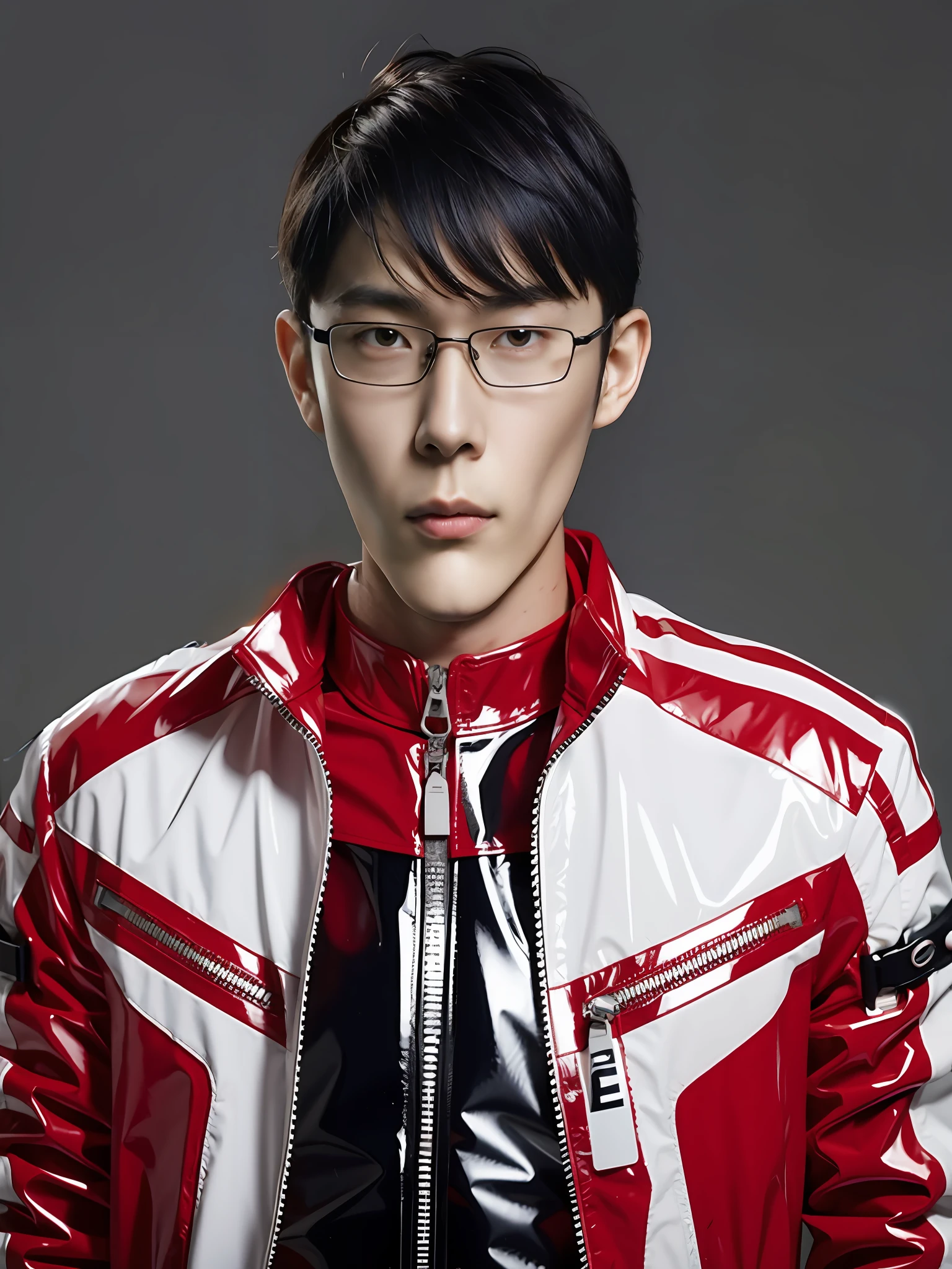 a high school boy,Wear a PVC red race suit,There are zippers,greybackground
