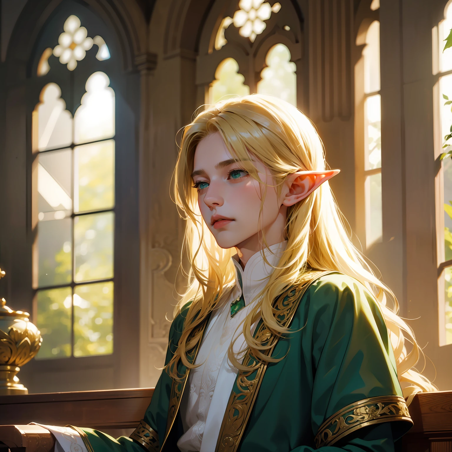 filigree,realisticlying,1boy ,独奏,Long blonde hair,Green eyes,elf prince,Delicate facial features,