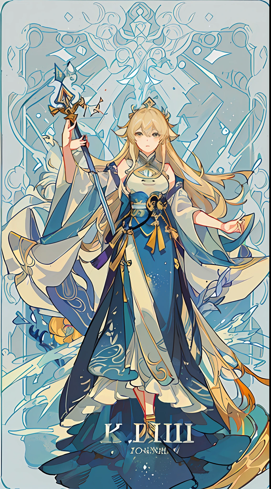 Image of a woman in a mage's costume,Scepter in hand,Crown on head,Alphonse mucha and rossdraws,Yang J,Inspired by Fenghua Zhong,full-colour illustration,beautiful fantasy empress,(The image is surrounded by a tarot-style border:1.5), (Tarot card style graphic design)Inspired by Lanying,From Shen Zhou,Beautiful artistic illustration,From Qu Lei Lei、Yan Hui、Zeng Jing、Lu Guang