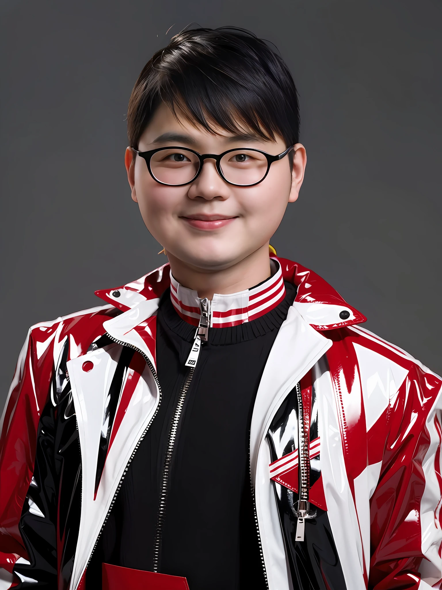 a high school boy,Wear PVC red envelope competition costume,There are zippers,greybackground