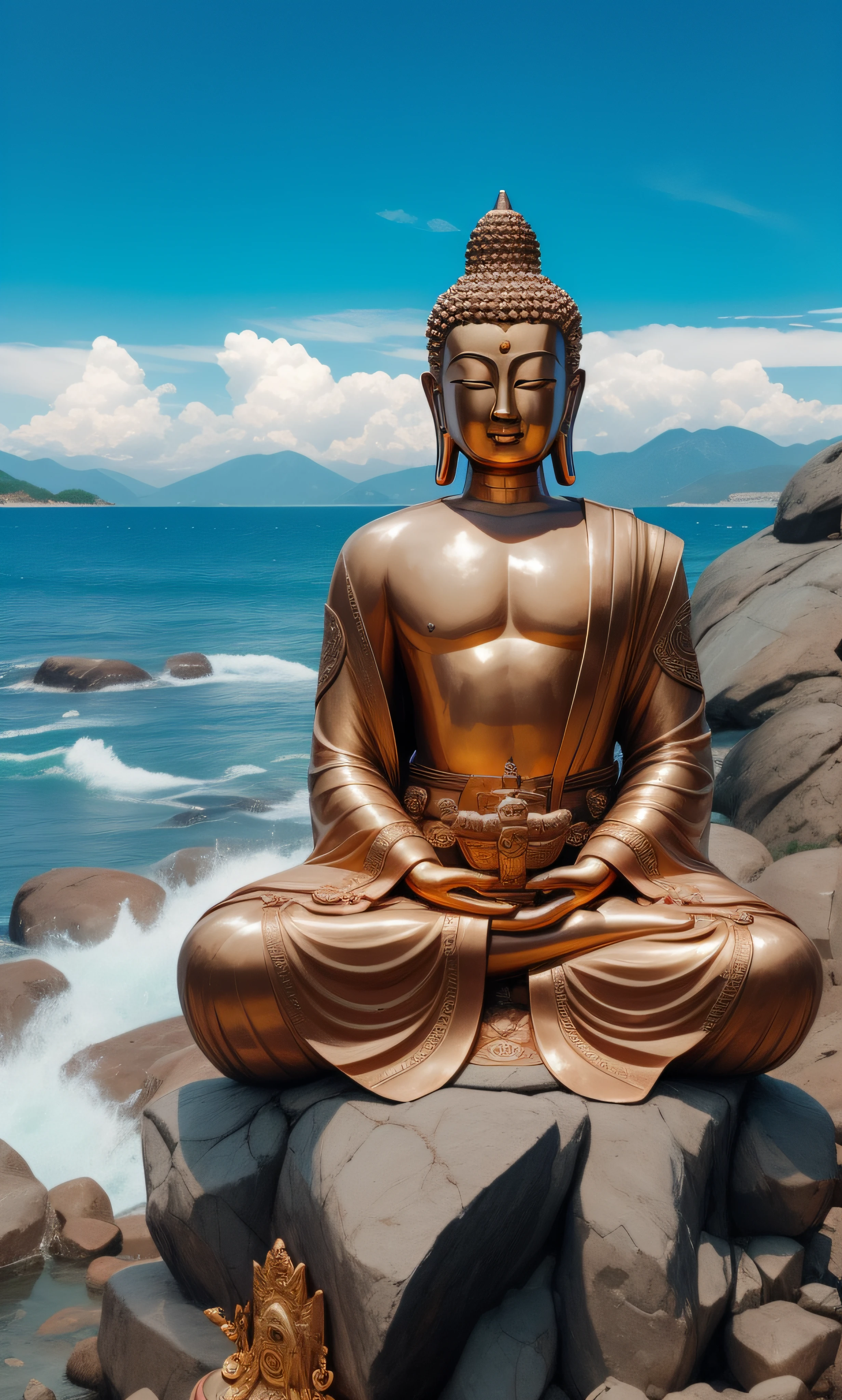 Buddha statue sitting on a reef by the sea, a Buddhist Buddha, Buddhist, Buddhism, Buddha, bodhisattva, attractive male deity, buddhist art, author：Shen Zhecai, Guanyin, Beautiful image, beautiful gold saint, By Shen Quan, samsara, An ancient, enlightening, Lotus, golden sacred tree ，portrait of monk, facing to audience，Put your hands together in front of your chest，Meditate，Live-life ratio， Dressed in solemn Buddhist robes，tsukasa dokite, masakazu katsura,Huge mud Buddha statue，Put your hands together in front of your chest， Dressed in a solemn red Buddhist robe，Put your hands together in front of your chest， Dressed in solemn Buddhist robes，In a state of Zen，a massive celestial giant god，buddhist architecture，A spectacular and solemn scene，The stonework，Copper surface，Made of red copper，Clear lines，High- sharpness，Real shooting，8K quality。, photograph taken in 2 0 2 0,4096， Buddhism, a massive celestial giant god,Buddha statue of Shakya Rulai,Put your hands together in front of your chest， Dressed in solemn Buddhist robes，floating in a powerful zen state, it is very huge, Mesmerizing and imposing ，photograph taken in 2 0 2 0, The stonework，Copper-colored face，Copper-colored facial skin，Copper-colored facial fullness, peaceful expression，Clear lines，High- sharpness,Realphotos，8K quality，hyper HD ，Don't show your muscles，Don't show your muscles，Don't show your muscles，Don't show your muscles，Blue sky and white clouds on the background