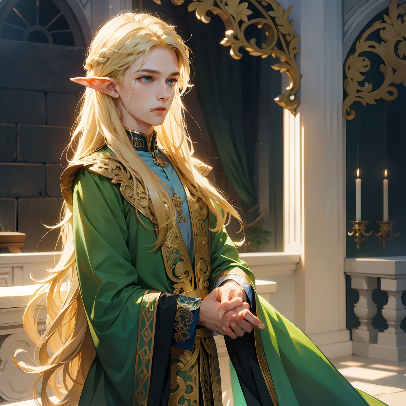 filigree，realisticlying，1boy ，独奏，Long blonde hair，Green eyes，elf prince，Delicate facial features，