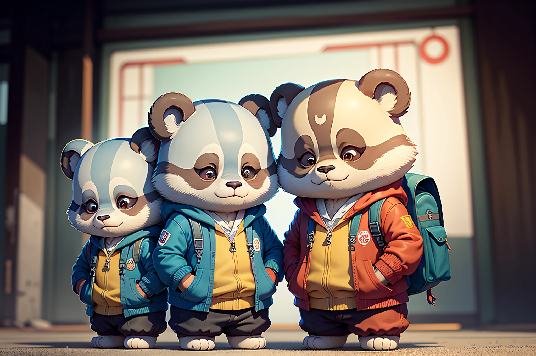 c4tt4stic, 2 cute pandas cubs, Wearing a Japanese uniform to elementary school, Japanese-style backpack, Randosel, Anthropomorphic panda, Animated to life,