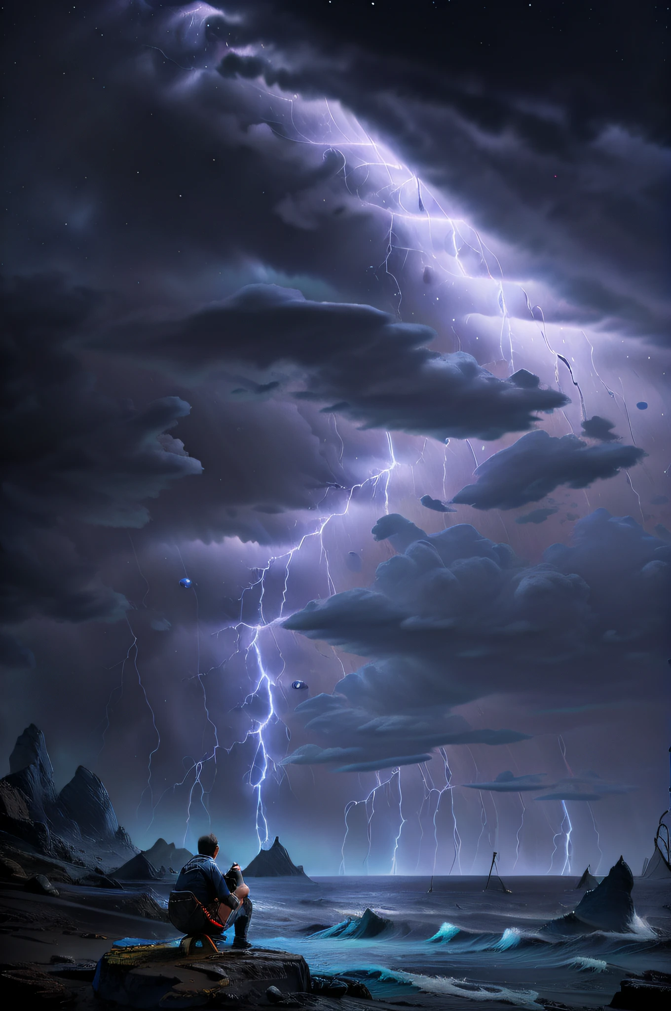 Make a painting of a man observing a planetary cataclysmic event, by the sea, Typhoons, tsunamis, chuvas de meteoros, raios, lightnings, apocalyptic hyper realistic painting. 4 k, volumeric lighting, high rendering quality.
