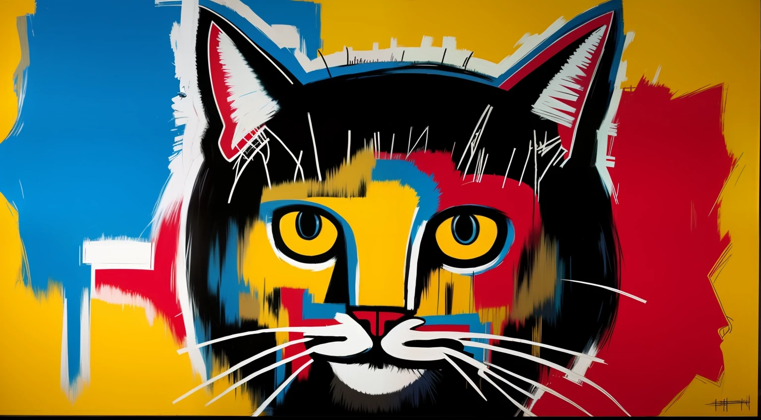 Basquiat's paintings、Cat painting、Detailed light、artworks、an extremely devious and beautiful、buliding