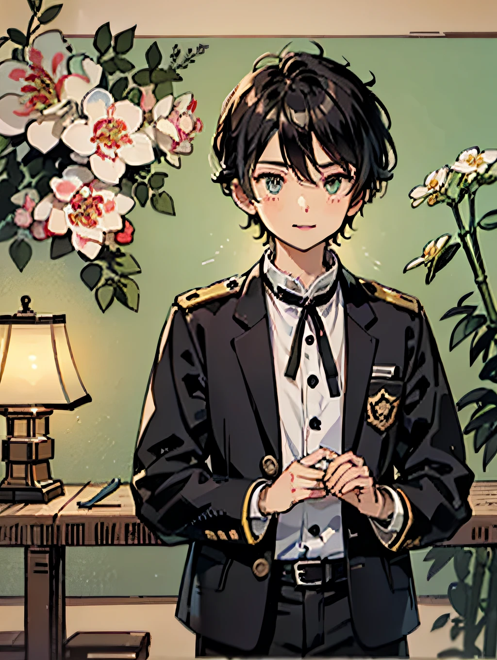 one screen、sigle screen、Propose a very attractive design、独奏、one boy、modern、Boy in pants、Modern Japan Male Student、Boy in school uniform、All black uniforms、-yeld booy with short hair、Katsushika Hokusai-kaze、Natural color design、Bold and beautiful plant design、Bamboo motifs、Long stretched bamboo design、Bamboo forest background、Detailed diagram of the pattern、With the highest quality、Masterpiece、hight resolution、Artistic style、Postcard Design、Balanced design、Attractive composition、Emotional Art、Beautiful light production、Aerial perspective、japanese aesthetic、4K resolution、Gorgeous background art、Attributes of boys（sideways Facing、profile、a smile、Hanging eyes、student clothes、long trousers、slacks、gakuran、tight collar、Black School Uniform、Black stuffed collar jacket、Jacket with golden buttons、school uniform、military uniform、male people、Little Boish personality、Dignified、Strong-willed eyes、Beautiful Boys、nobility、A dark-haired、straight haired、short-hair、Natural hairstyle、Honor Students、Good impression）