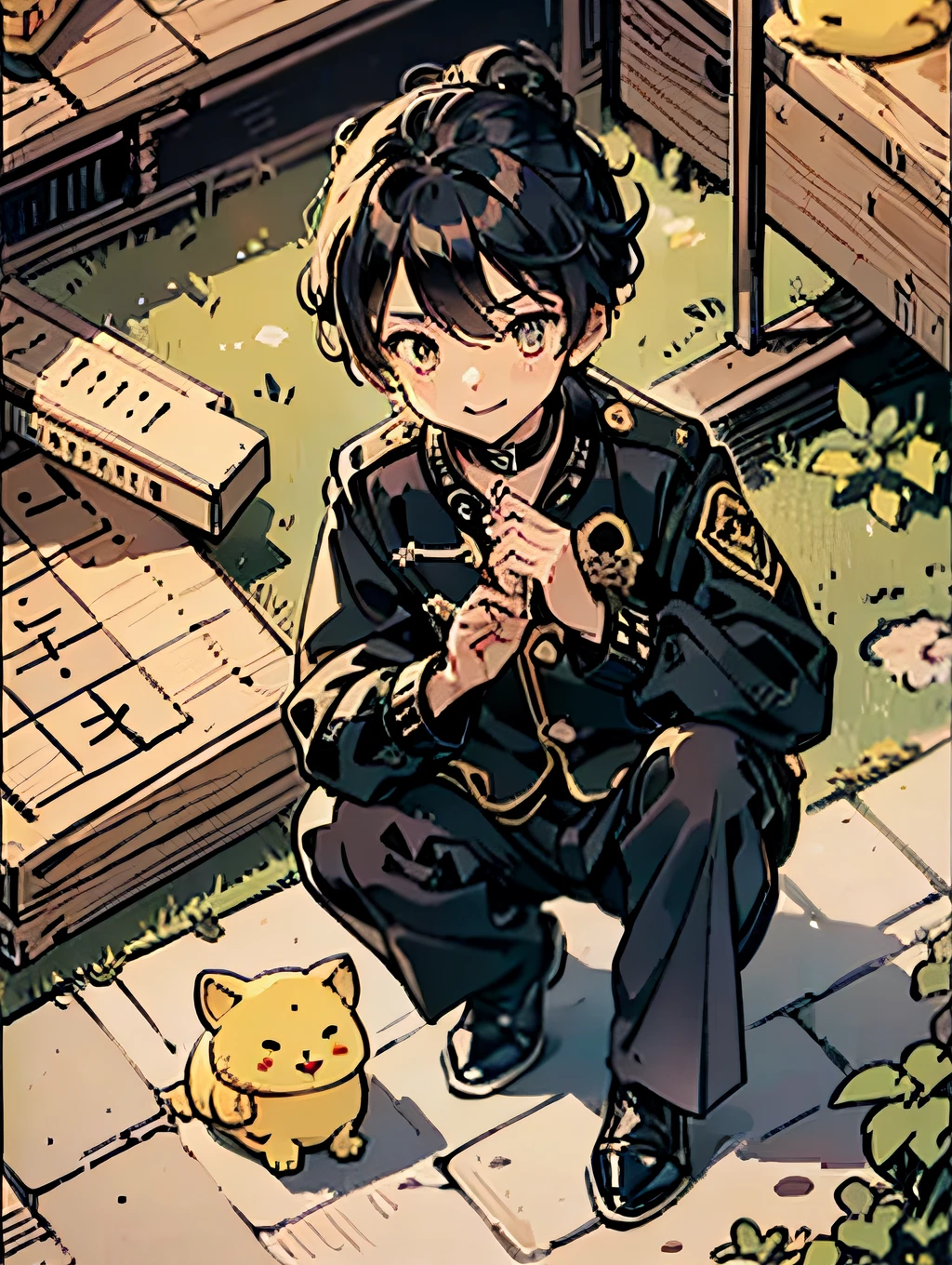one screen、sigle screen、Propose a very attractive design、独奏、one boy、modern、Boy in pants、Modern Japan Male Student、Boy in school uniform、All black uniforms、14-year-old boy、Boy with short hair、Katsushika Hokusai-kaze、Natural color design、Bold and beautiful plant design、Bamboo motifs、Long stretched bamboo design、Bamboo forest background、Detailed diagram of the pattern、With the highest quality、Masterpiece、hight resolution、Artistic style、Postcard Design、Balanced design、Attractive composition、Emotional Art、Beautiful light production、Aerial perspective、japanese aesthetic、4K resolution、Gorgeous background art、Attributes of boys（sideways Facing、profile、a smile、Hanging eyes、student clothes、long trousers、slacks、gakuran、tight collar、Black School Uniform、Black stuffed collar jacket、Jacket with golden buttons、school uniform、military uniform、male people、Little Boy、Bullish personality、Dignified、Strong-willed eyes、Beautiful Boys、nobility、A dark-haired、straight haired、short-hair、Natural hairstyle、Honor Students、Good impression）