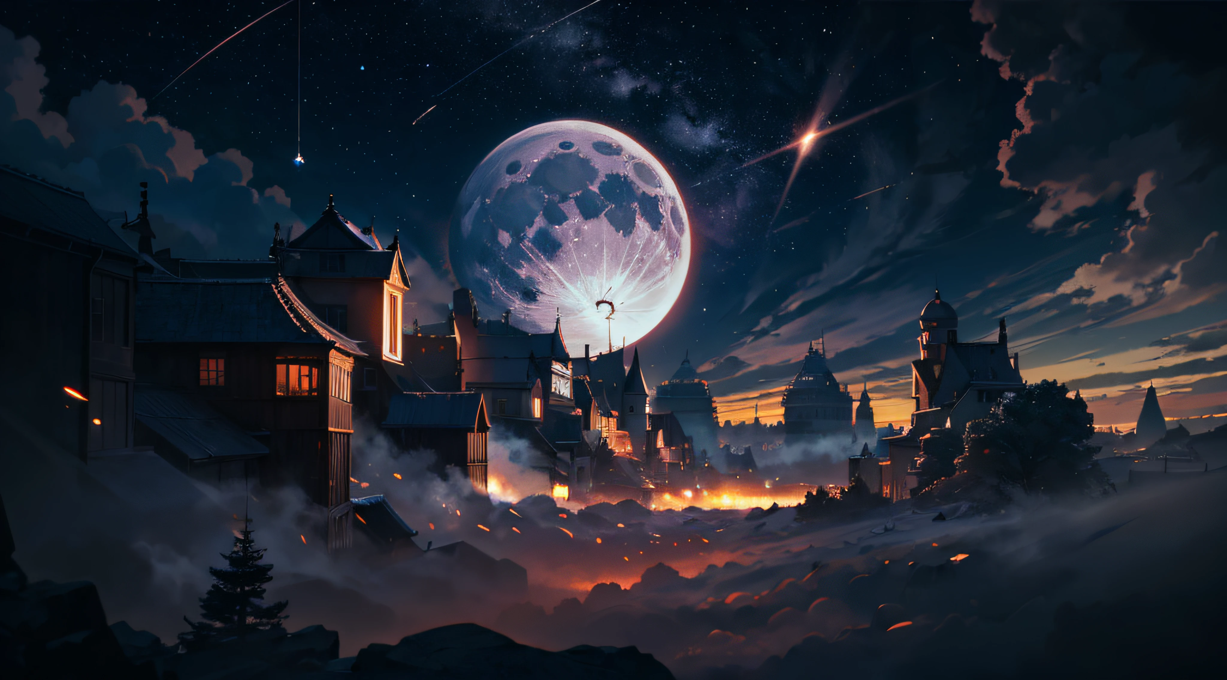 Expansive landscape photograph,(moon full:1.2),(meteors:0.9),(Starcloud:1.3),(Warm light source:1.2),(glowworm:1.2),lamp lights,Lots of purple and orange,Complicated details,Volumetriclighting,Realism BREAK(tmasterpiece:1.2),(best qualtiy),8K,Ultra-detailed,(dynamic compositions:1.4),The is very detailed,Colorful details,(Irridescent color:1.2),(luminouslighting,Atmospheric lighting),dream magical,magical,(独奏:1.2),((best qualtiy)), ((tmasterpiece)), (the detail:1.4),depth of fields,maximum definition and sharpness,perfectly proportions,Fluttering clouds,Wallpapers