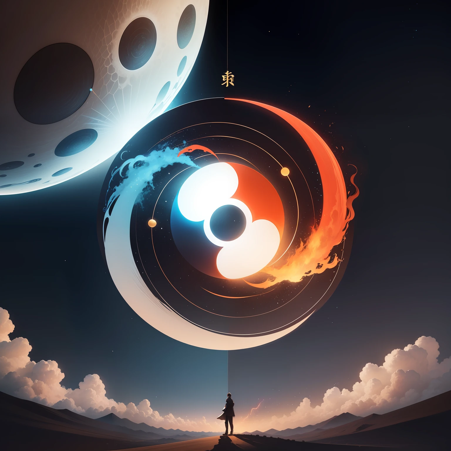 Tai Chi Bagua Chart,It is like a bright moon hanging in the sky。It presents a perfect round shape,It is divided in half by a vertical straight line。The upper part is as white as snow,The second half is as deep as night。In the white half,There is a small black dot,Symbolizes yin;And in the black half,There is a small white dot,Symbolizes the yang。These two points are interdependent、Interpenetration,Mingle with each other,It shows the harmonious symbiosis of yin and yang。
The eight trigram positions are distributed on the circumference,Each trigram has unique patterns and symbols。daysies、earth、lightning bolt、ventania、Eau、firey、mont、marsh,They outline their respective shapes with subtle lines。The sky symbolizes the boundless expanse of space,The ground represents a solid and stable foundation。Thunder and wind symbolize the power and change of nature,Water and fire represent softness and heat。The mountains soar into the sky,Ze is a symbol of lakes and rivers。k hd,8K,fantasy,scenery