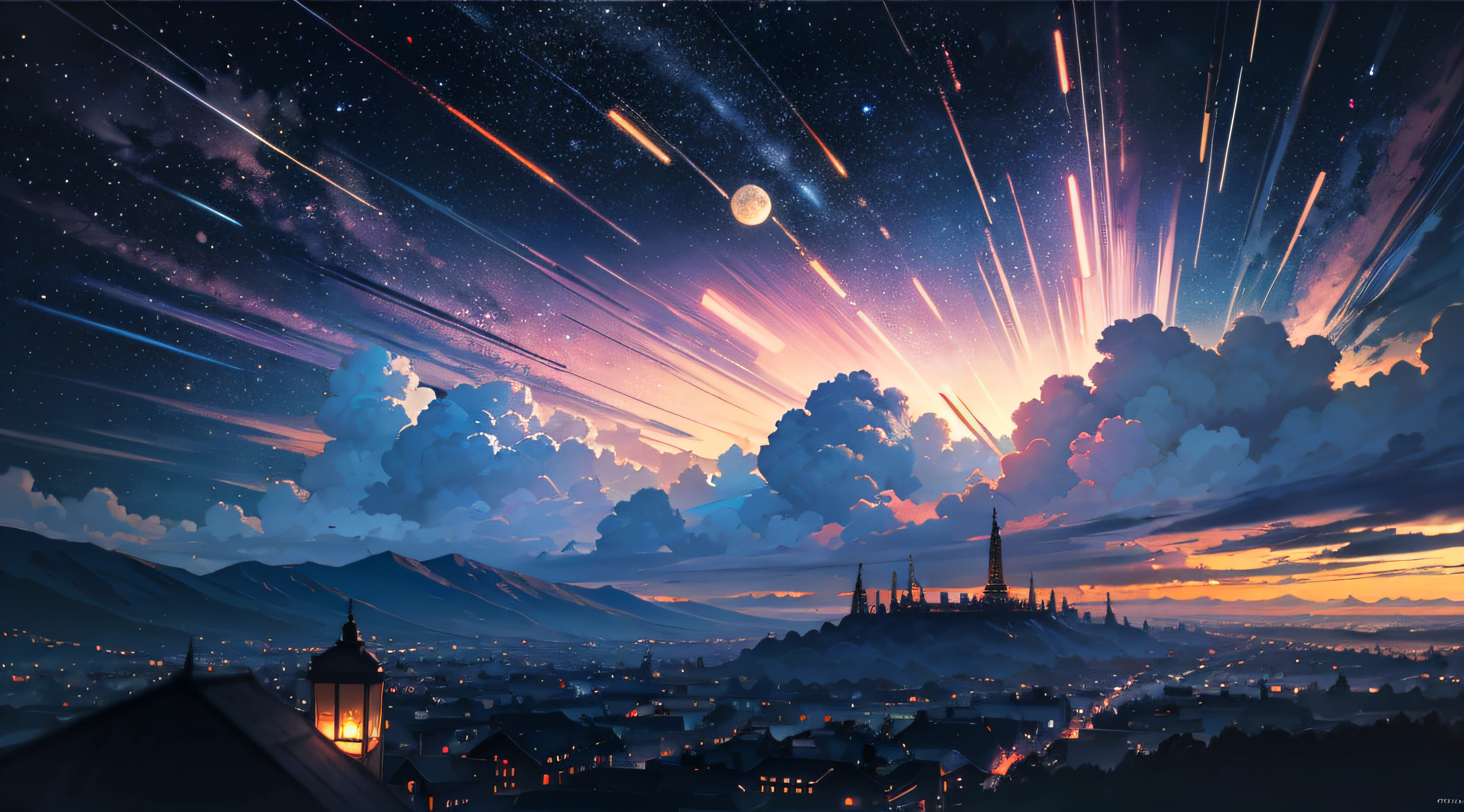 Expansive landscape photograph，（moon full：1.2），（meteors：0.9），（Starcloud：1.3），（Warm light source：1.2），（glowworm：1.2），lamp lights，Lots of purple and orange，Complicated details，Volumetriclighting，Realism BREAK（tmasterpiece：1.2），（best qualtiy），8K，Ultra-detailed，（dynamic compositions：1.4），The is very detailed，Colorful details，（Irridescent color：1.2），（luminouslighting，Atmospheric lighting），dream magical，magical，（独奏：1.2），（（best qualtiy））， （（tmasterpiece））， （the detail：1.4），depth of fields，maximum definition and sharpness，perfectly proportions，Fluttering clouds，Wallpapers