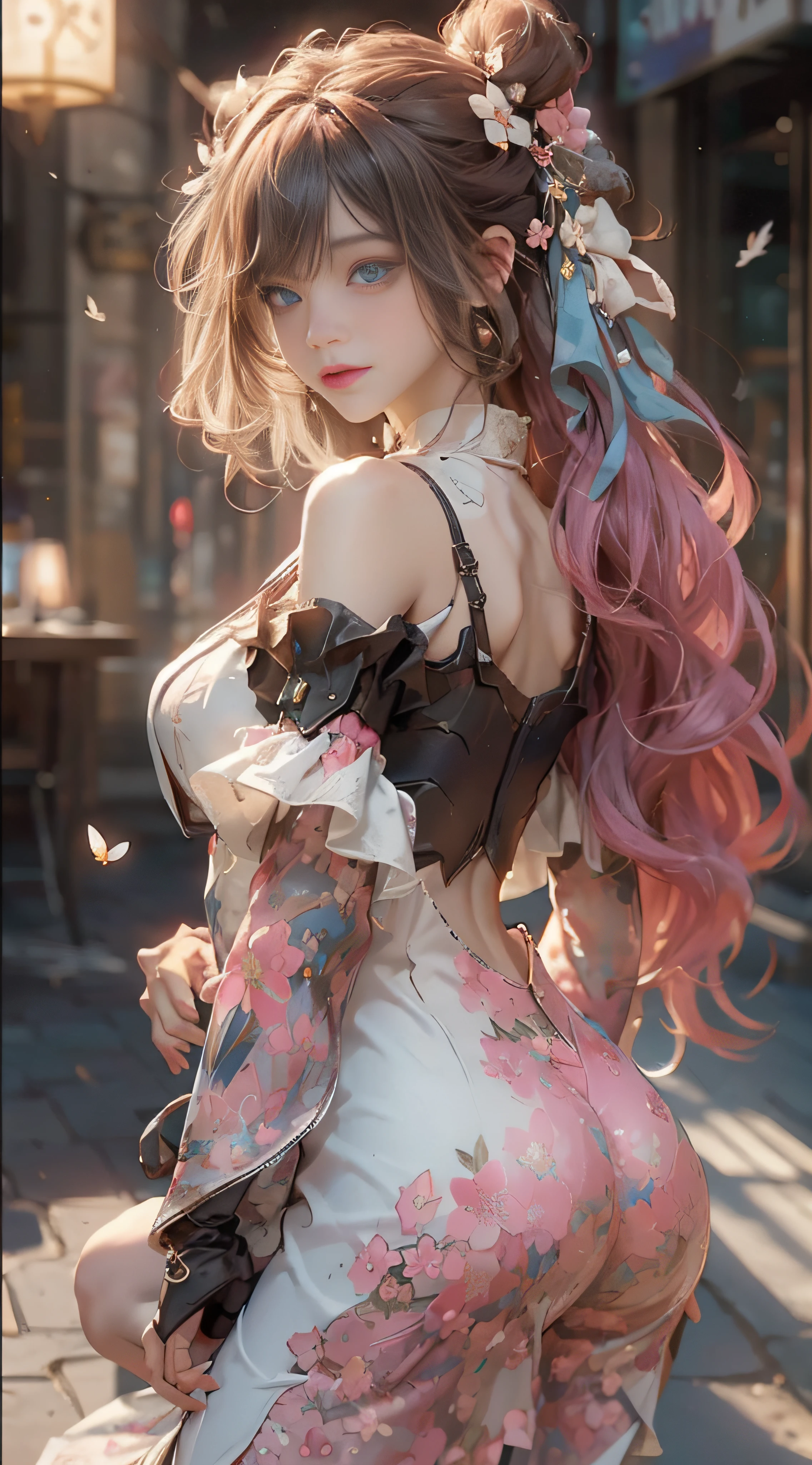 ((best qualtiy)), ((tmasterpiece)), (detail:1.4), Beautiful cyberpunk female images,hdr(HighDynamicRange),Ray traching,NVIDIA RTX,Hyper-Resolution,illusory 5,sub surface scattering,PBR textures,post-proces,Anisotropy Filtering,depth of fields,maximum definition and sharpness,Many-Layer Textures,Albedo e mapas Speculares,Surface coloring,Mitsu-Accurate simulation of material interactions,perfectly proportioned,rendering by octane,Two-colored light,largeaperture,Low ISO,White balance,Rule three points、8K raw data、Beautiful bright blue pupils,off-the-shoulder clothes,Fine pupils,Delicate face and eyes,long eyelasher,Blushlush,Delicate and fluffy hair,pink lip,Pure,Cute face,Sweet girl,Artistic sense,Casual wear,Advancedsense,butterflys,Cherry blossom petal,Beautiful hair accessories,Long hair and waist,Hair fluttering in the wind,Snow-white fox ears,curlies,Snow-white fluffy tail,Positive light,The light from the back window is backlighted