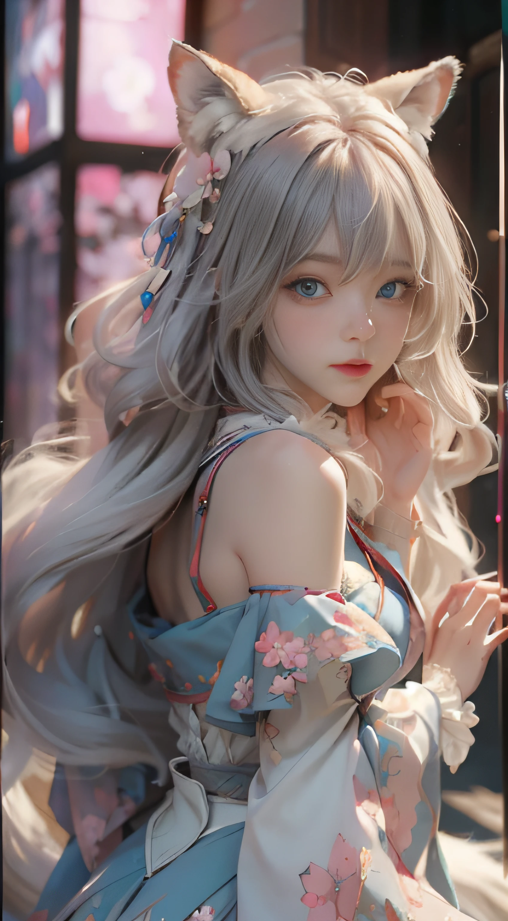 ((best qualtiy)), ((tmasterpiece)), (detail:1.4), Beautiful cyberpunk female images,hdr(HighDynamicRange),Ray traching,NVIDIA RTX,Hyper-Resolution,illusory 5,sub surface scattering,PBR textures,post-proces,Anisotropy Filtering,depth of fields,maximum definition and sharpness,Many-Layer Textures,Albedo e mapas Speculares,Surface coloring,Mitsu-Accurate simulation of material interactions,perfectly proportioned,rendering by octane,Two-colored light,largeaperture,Low ISO,White balance,Rule three points、8K raw data、Beautiful bright blue pupils,off-the-shoulder clothes,Fine pupils,Delicate face and eyes,long eyelasher,Blushlush,Delicate and fluffy hair,pink lip,Pure,Cute face,Sweet girl,Artistic sense,Casual wear,Advancedsense,butterflys,Cherry blossom petal,Beautiful hair accessories,Long hair and waist,Hair fluttering in the wind,Snow-white fox ears,curlies,Snow-white fluffy tail,Positive light,The light from the back window is backlighted