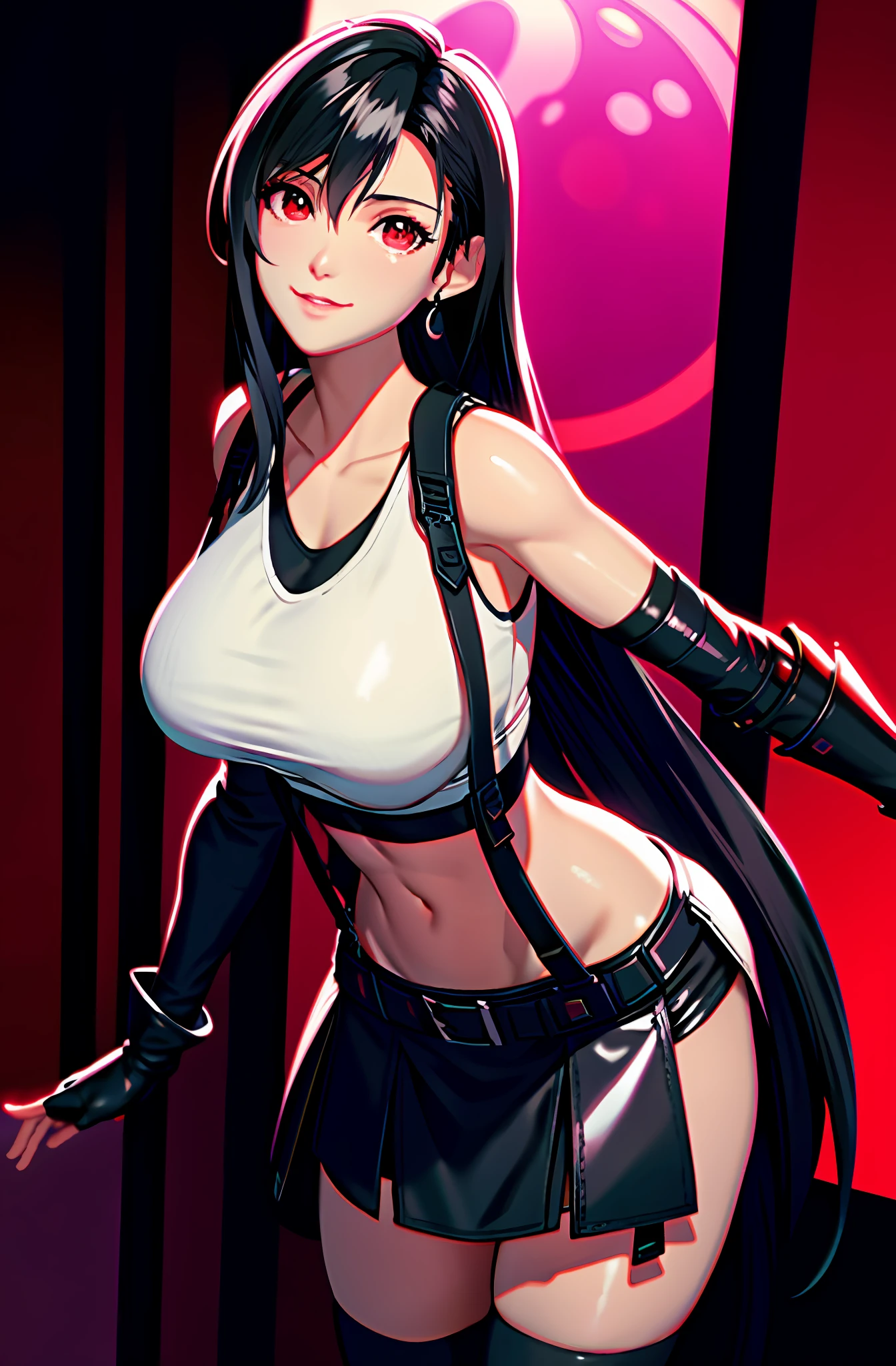 Tifa lockhart, tifa_lockhart,  ff7, sultry face, (white tank top:1.5), black latex miniskirt, (black long hair), hair bangs (red eyes:1.2) long eyelashes, surrealism, shadow, stereogram, POV, atmospheric perspective, cinematic lighting, ray tracing, 8k, super detail, best quality, masterpiece, well detailed,combat gloves, big breasts, slim, large boobs, huge boobs, spreading legs, white thong (smiling)