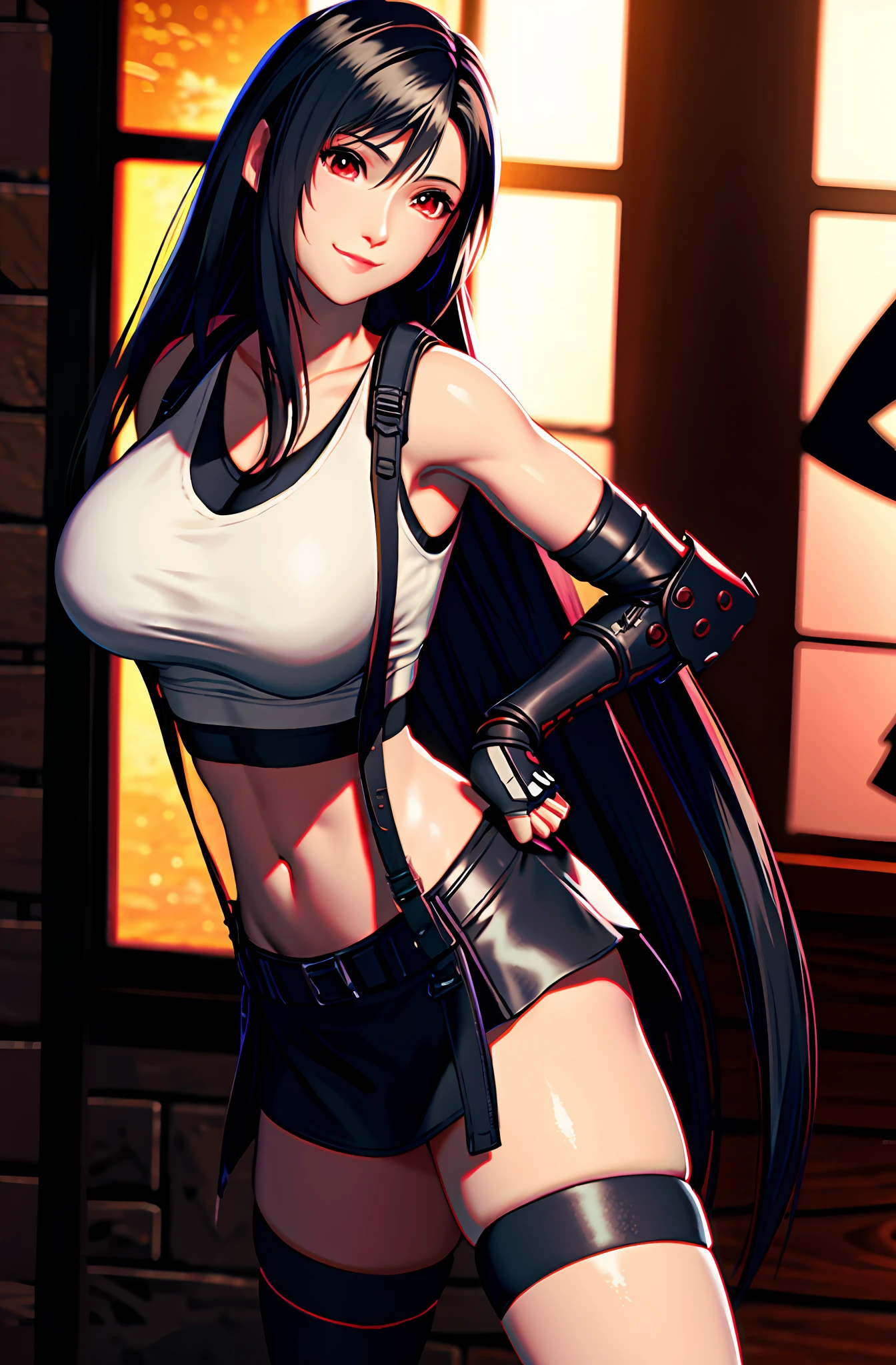 Tifa lockhart, tifa_lockhart, ff7, sultry face, (white tank top:1.5), black latex miniskirt, (black long hair), hair bangs (red eyes:1.2) long eyelashes, surrealism, shadow, stereogram, POV, atmospheric perspective, cinematic lighting, ray tracing, 8k, super detail, best quality, masterpiece, well detailed,combat gloves, big breasts, slim, large boobs, huge boobs, spreading legs, white thong (smiling)