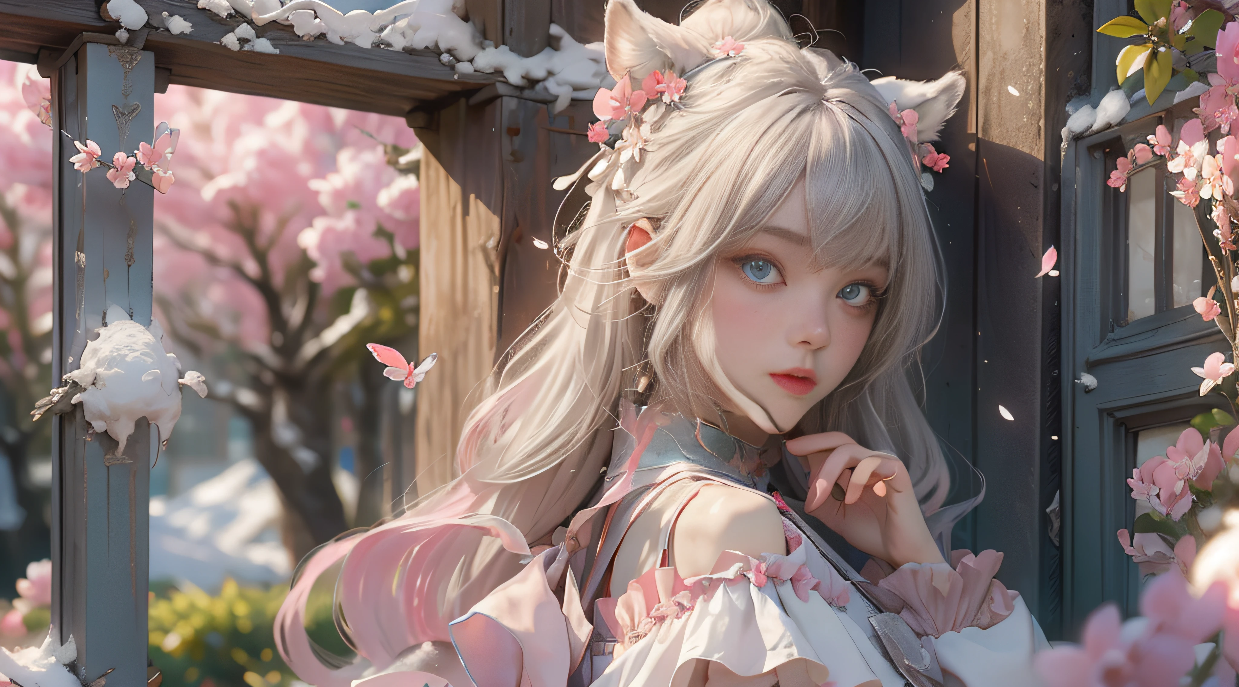 ((best qualtiy)), ((tmasterpiece)), (detail:1.4), Beautiful cyberpunk female images,hdr(HighDynamicRange),Ray traching,NVIDIA RTX,Hyper-Resolution,illusory 5,sub surface scattering,PBR textures,post-proces,Anisotropy Filtering,depth of fields,maximum definition and sharpness,Many-Layer Textures,Albedo e mapas Speculares,Surface coloring,Mitsu-Accurate simulation of material interactions,perfectly proportioned,rendering by octane,Two-colored light,largeaperture,Low ISO,White balance,Rule three points、8K raw data、Beautiful bright blue pupils,off-the-shoulder clothes,Fine pupils,Delicate face and eyes,long eyelasher,Blushlush,Delicate and fluffy hair,pink lip,Pure,Cute face,Sweet girl,Artistic sense,Casual wear,Advancedsense,butterflys,Cherry blossom petal,Beautiful hair accessories,Long hair and waist,Hair fluttering in the wind,Snow-white fox ears,curlies,Snow-white fluffy tail,Positive light,The light from the back window is backlighted