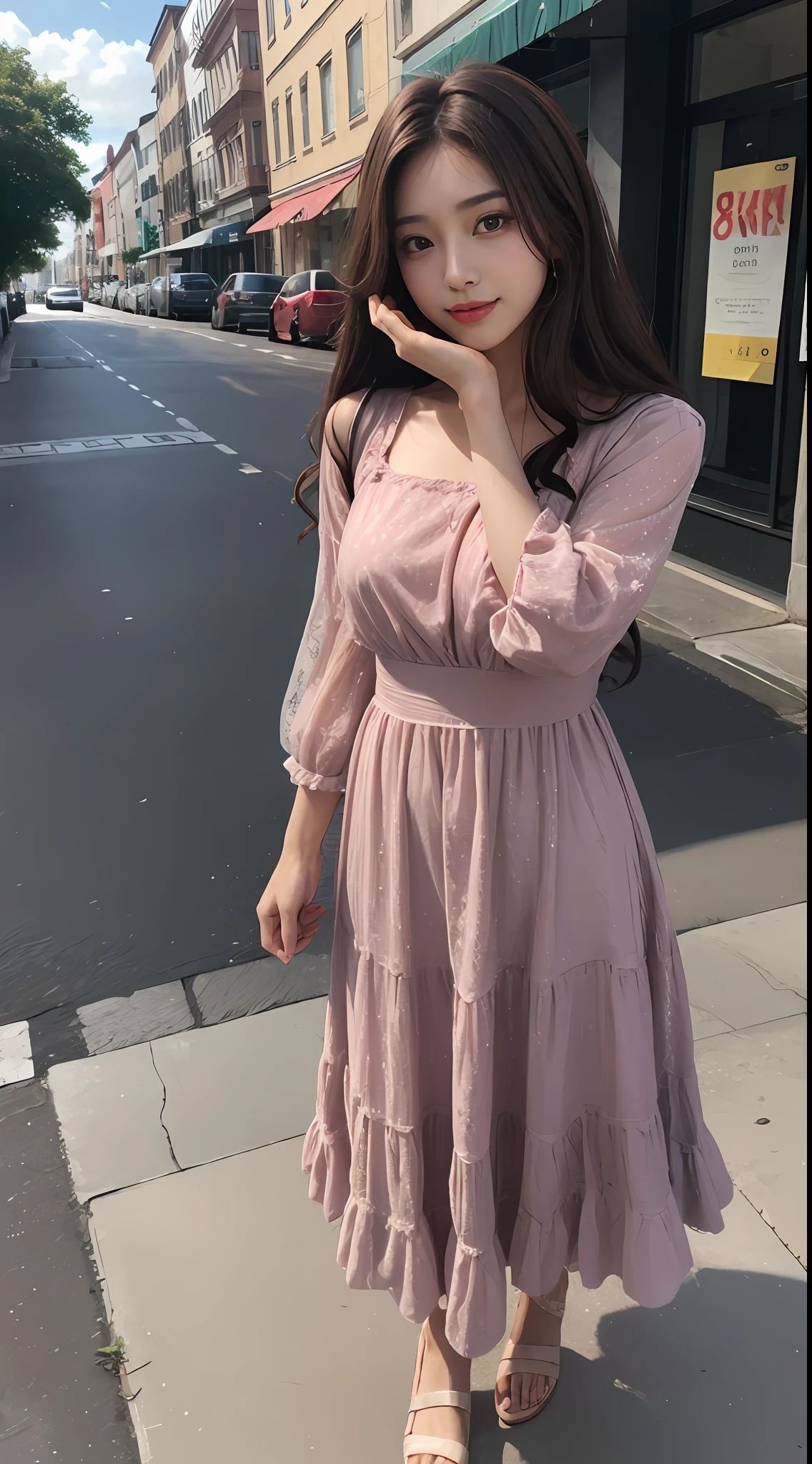 ((top-quality、8K、​masterpiece:1.3))、1girl in、A smile、full body Esbian、Slim Faces、Pretty women、(dark brown  hair)、Full-length dresses:1.1、hyperdetailed face、A detailed eye、二重まぶた、blured background、Slim Faces、城市、takeout、a street、random color dress、Random Poses、Brown hair with highlight lines、natta、