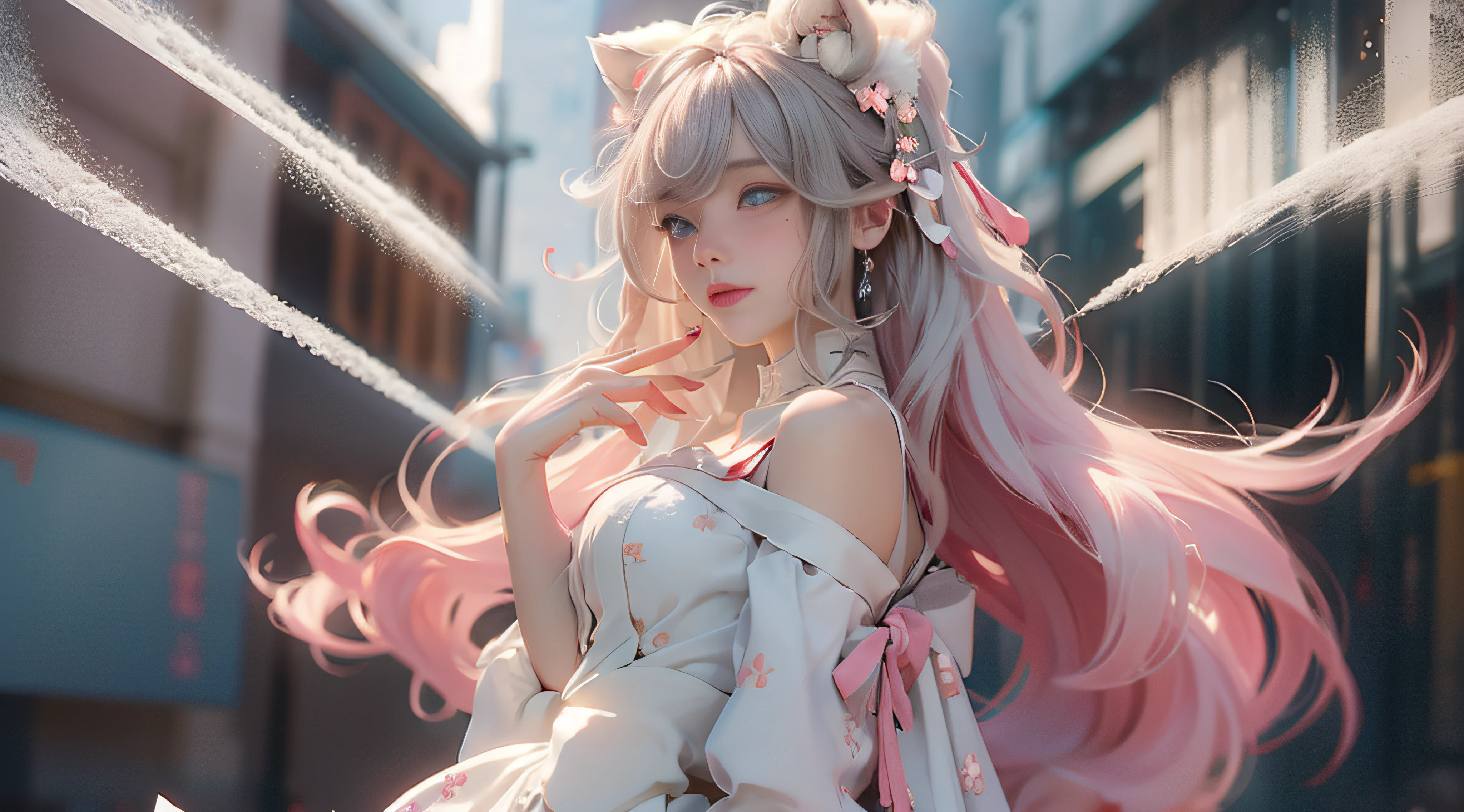 （（best qualtiy））， （（tmasterpiece））， （detail：1.4）， Beautiful cyberpunk female images，hdr（HighDynamicRange），Ray traching，NVIDIA RTX，Hyper-Resolution，illusory 5，sub surface scattering，PBR textures，post-proces，Anisotropy Filtering，depth of fields，maximum definition and sharpness，Many-Layer Textures，Albedo e mapas Speculares，Surface coloring，Mitsu-Accurate simulation of material interactions，perfectly proportioned，rendering by octane，Two-colored light，largeaperture，Low ISO，White balance，Rule three points、8K raw data、Beautiful bright blue pupils，off-the-shoulder clothes，Fine pupils，Delicate face and eyes，long eyelasher，Blushlush，Delicate and fluffy hair，pink lip，Pure，Cute face，Sweet girl，Artistic sense，Casual wear，Advancedsense，butterflys，Cherry blossom petal，Beautiful hair accessories，Long hair and waist，Hair fluttering in the wind，Snow-white fox ears，curlies，Snow-white fluffy tail，Positive light，The light from the back window is backlighted