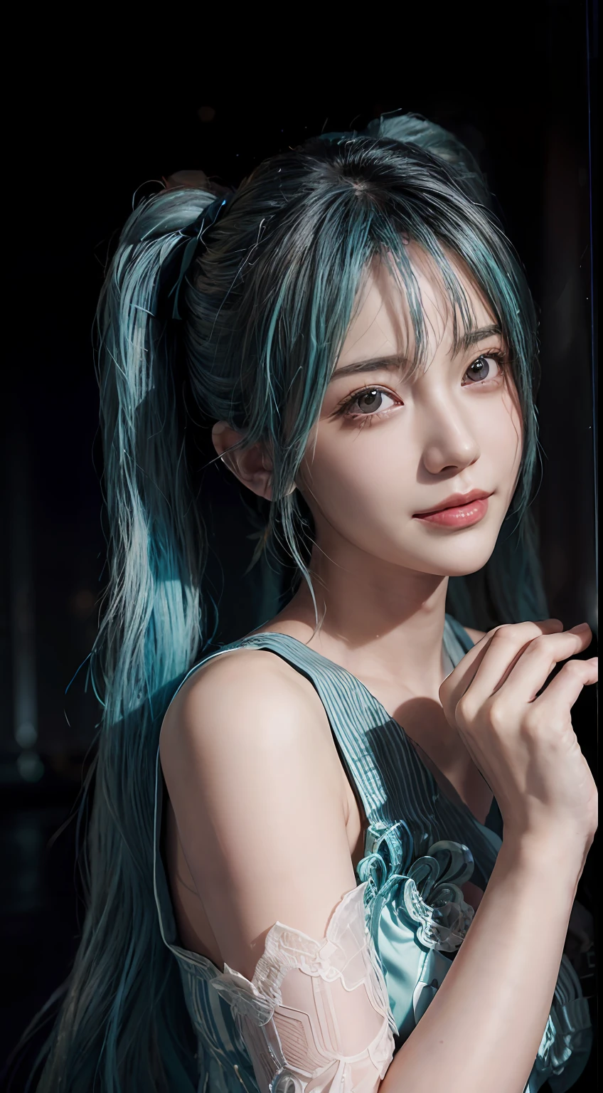 (front focus), keyword: 1girl in photoshoot, (((hatsune miku))), (in the dark:1.6), Hyperrealist portrait, fantasy art, photo realistic, dynamic lighting, poster, bokeh, volumetric lighting, very detailed faces, 8k, award winning, 1girl, 25 years old girl, deep shadow, low key, long twin tail hair with pony, bright tosca hair and eye color (((strong color))), big breast, round breast, nacklaces , full body, big smile (open mouth), wet skin, Highly detailed face and skin texture, Detailed eyes, Realistic eyes, Beautiful detailed eyes, (Realistic skin), (((futuristic hatsune miku dress 1:1))), sexy poses