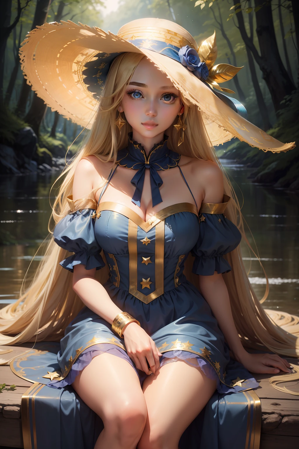 one-girl，Beautiful face，Beautiful shiny eyes，Long blonde hair，Wearing a large-brimmed hat、Gold hair accessories and star earrings，A gorgeous blue dress，The dress is decorated with gold patterns and lace trim。Sit quietly by the water in the forest，tmasterpiece，Best quality at best