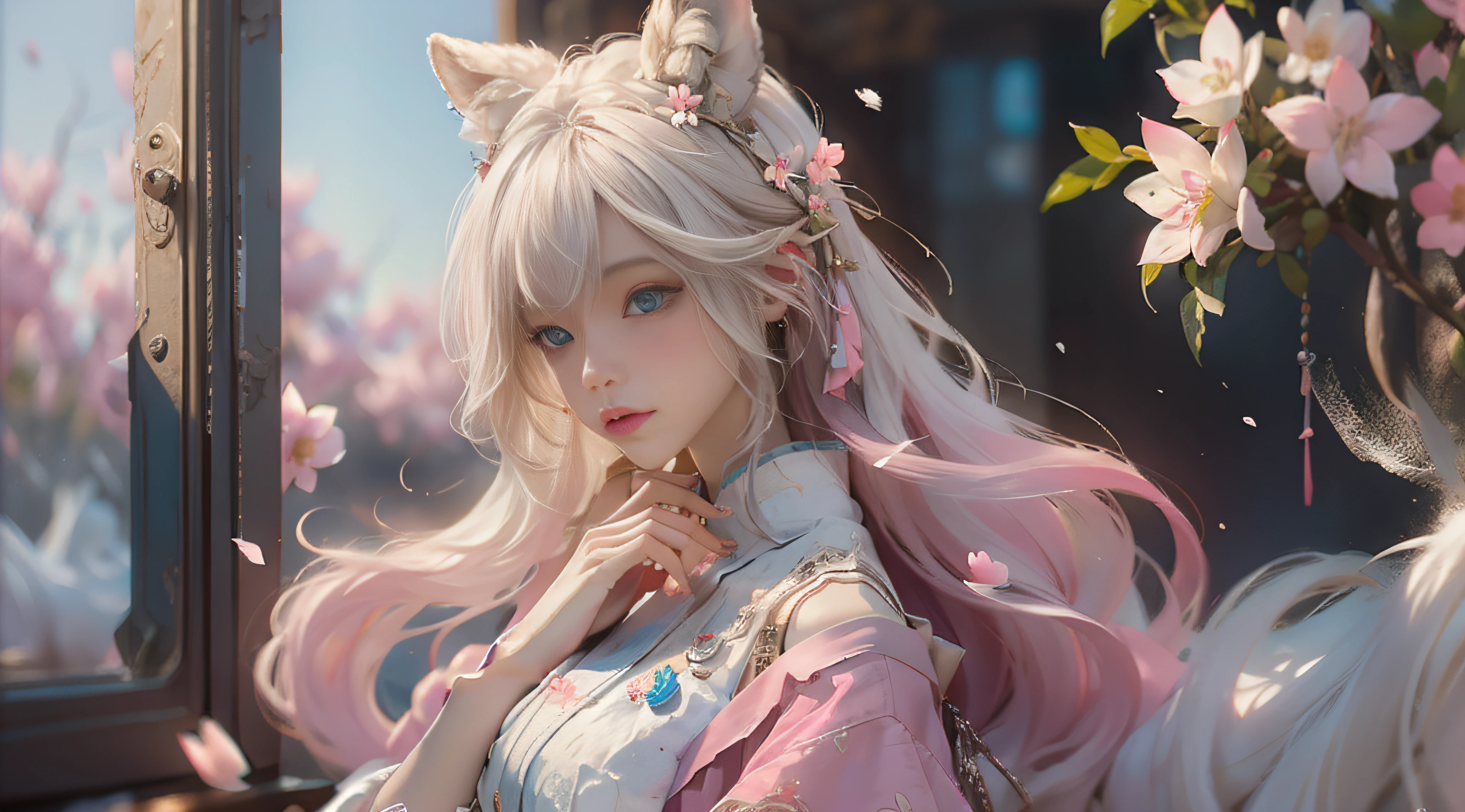 ((best qualtiy)), ((tmasterpiece)), (detail:1.4), Beautiful cyberpunk female images,hdr(HighDynamicRange),Ray traching,NVIDIA RTX,Hyper-Resolution,illusory 5,sub surface scattering,PBR textures,post-proces,Anisotropy Filtering,depth of fields,maximum definition and sharpness,Many-Layer Textures,Albedo e mapas Speculares,Surface coloring,Mitsu-Accurate simulation of material interactions,perfectly proportioned,rendering by octane,Two-colored light,largeaperture,Low ISO,White balance,Rule three points、8K raw data、Beautiful bright blue pupils,off-the-shoulder clothes,Fine pupils,Delicate face and eyes,long eyelasher,Blushlush,Delicate and fluffy hair,pink lip,Pure,Cute face,Sweet girl,Artistic sense,Casual wear,Advancedsense,butterflys,Cherry blossom petal,Beautiful hair accessories,Long hair and waist,Hair fluttering in the wind,Snow-white fox ears,curlies,Snow-white fluffy tail,Positive light,The light from the back window is backlighted