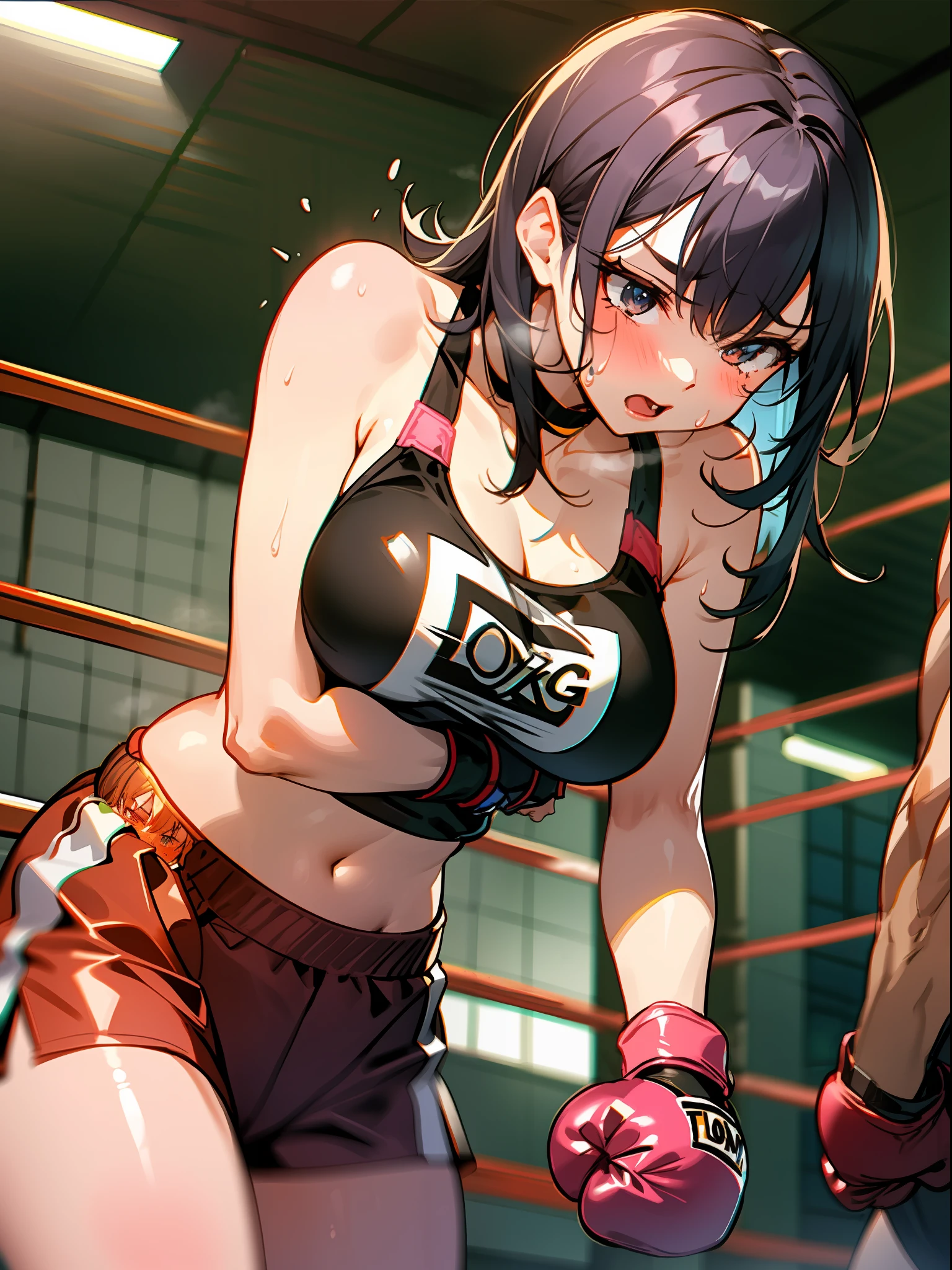 Macho female boxer is beaten by loli female boxer and loses,Boxing gloves,Sportsbra,Boxing gym,((twogirls)),Rough breathing,perspiring