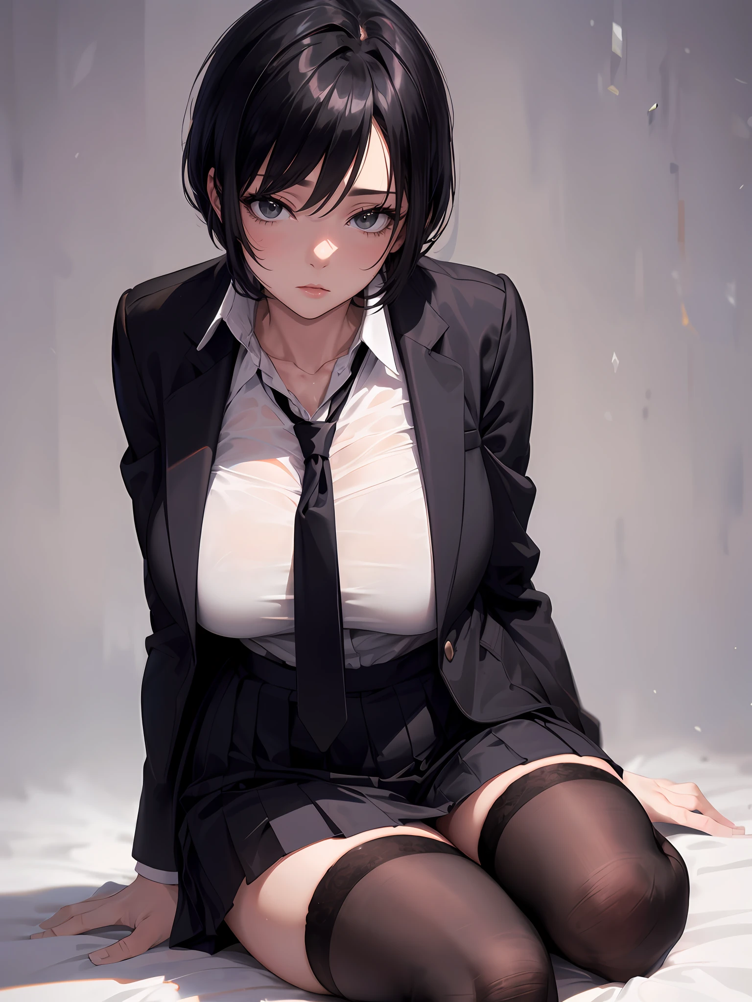 1girll ((Mature woman)), (A MILF), beautiful face, Curvy body, Short black hair, Yandere, black lence stockings, Black eyes, long eyelasher, school uniform, Black jacket, black necktie, Sitting, Pale skin, Beautiful background warm color, soft shade, Beautiful scent, Best quality, Masterpiece,