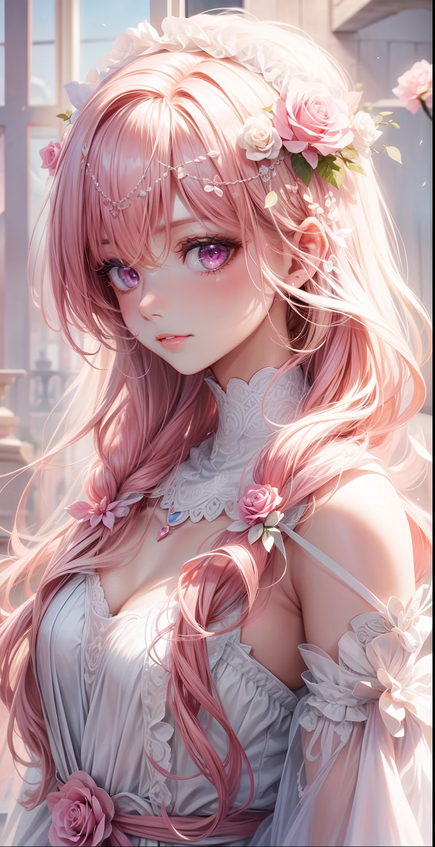 "adorable, delicate rose with a graceful and beautiful face, enchanting pink eyes"