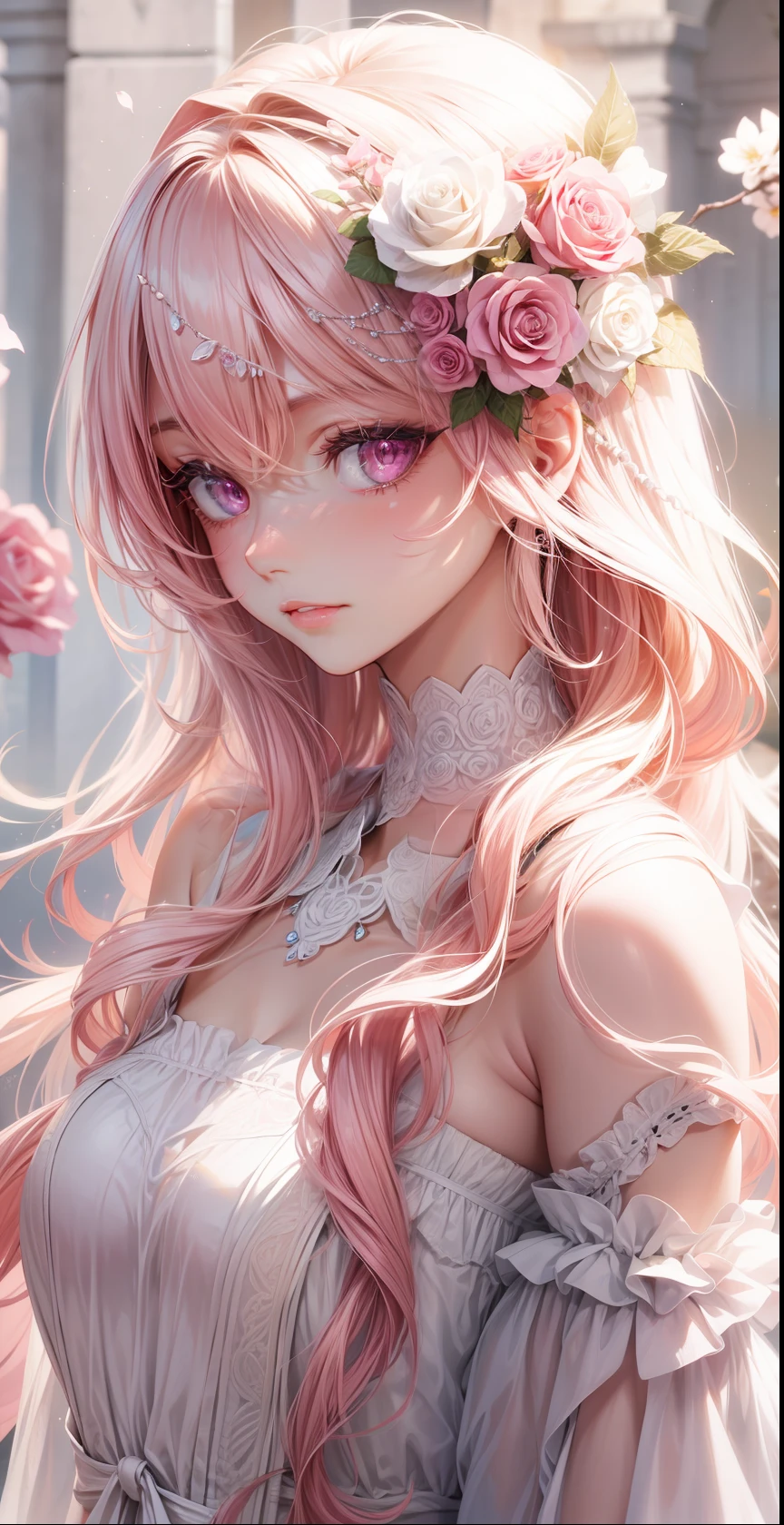 "adorable, delicate rose with a graceful and beautiful face, enchanting pink eyes"
