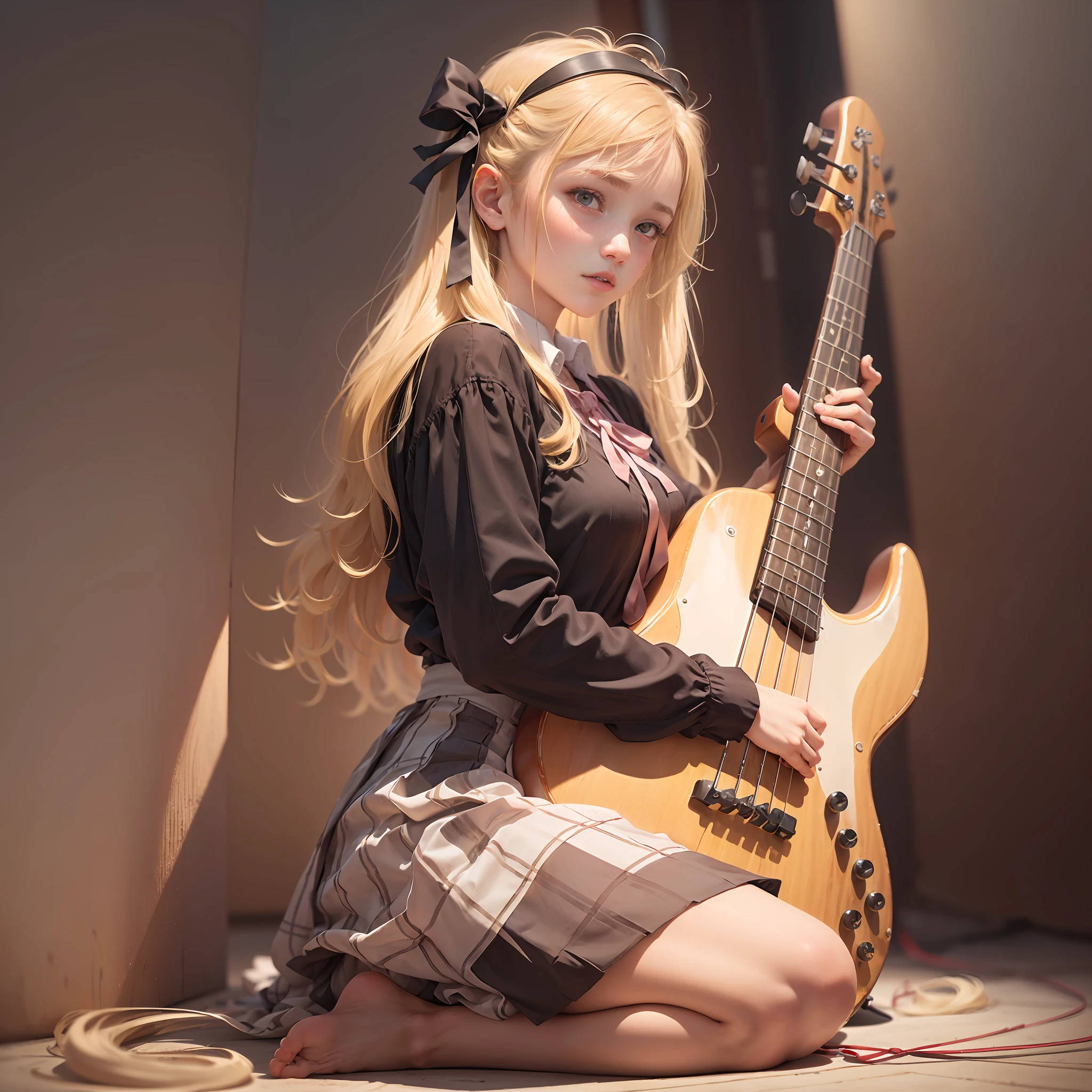 An 18-year-old woman,dyed blonde hair, Hair Ribbon、(Play the electric bass, 4 strings), Dark theme, Muted colors, High contrast, (Detailed skin texture, Hyper-Realism, Soft light, sharp), Blouse、Ribbon Ties、pleatedskirt、Raw feet