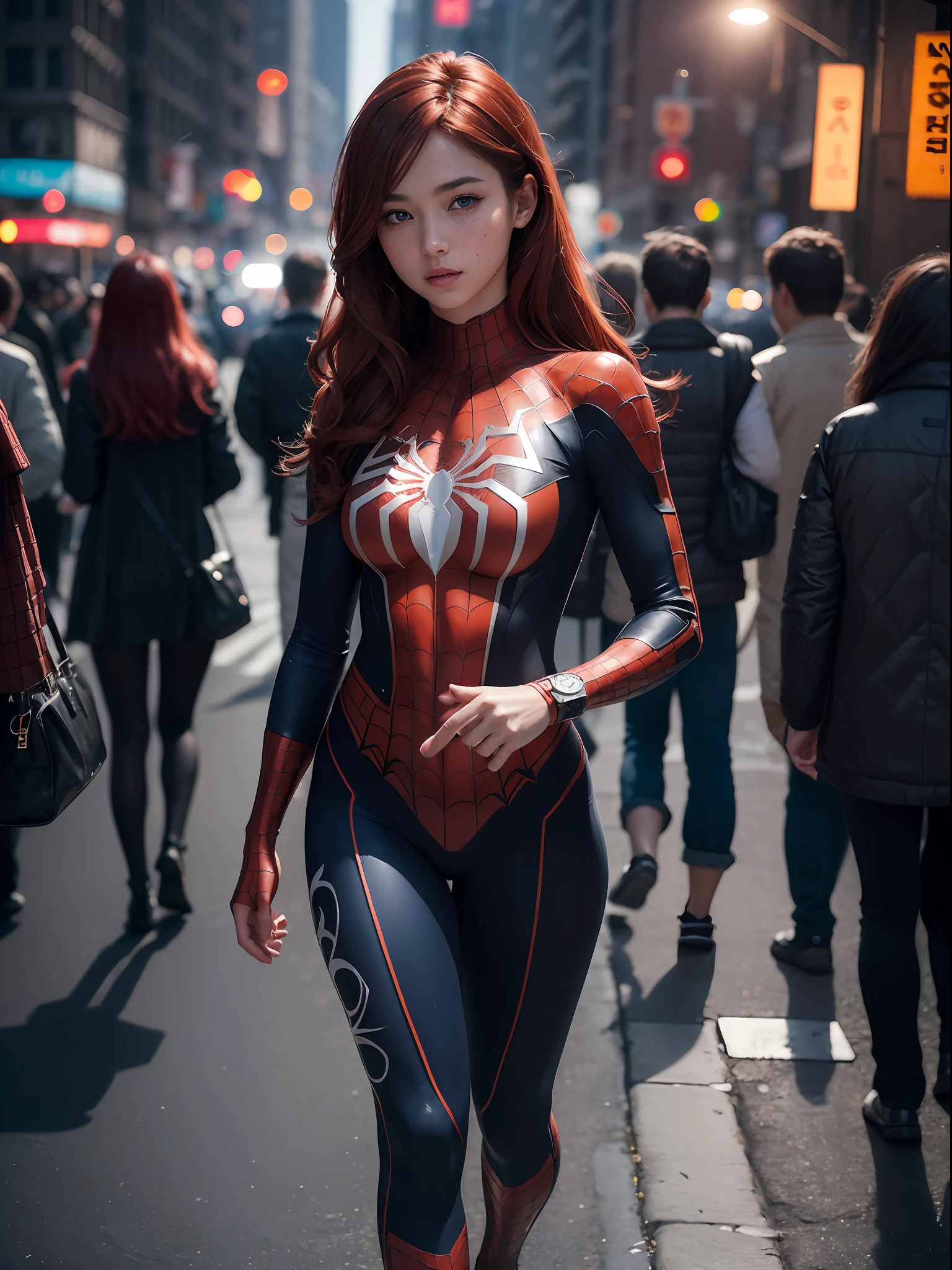 extremely detailed CG,UHD wallpaper, Extreme details,(realistic:1.2),(((best quality))), ((ultra-detailed)), (cute detailed face:1.2), {{highly detailed face}},beautiful and aesthetic,1girl,(masterpiece:1.4),glowing skin,dramatic shadows, intense shadows, SIGMA 35mm F1.4, ISO 200 Shutter Speed 2000,Photorealism,{photorealistic}, photogenic, Girl, finely detailed,HIGH RES, {{intricate detail}},(((beautiful detailed lighting))),beautiful detailed colorful eyes, best quality, 1girl, masterpiece, best quality, 8k, detailed skin texture, detailed cloth texture, beautiful detailed face, intricate details, ultra detailed, european youth, european beauty, Spider-Man uniform, straight red hair, freckles, (full body:1.5), (detailed eye:1.2), new york streets, from back, dynamic pose