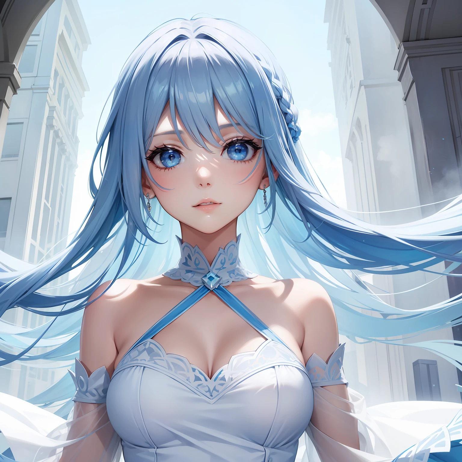 a women, blue hair, blue eyes, white dress