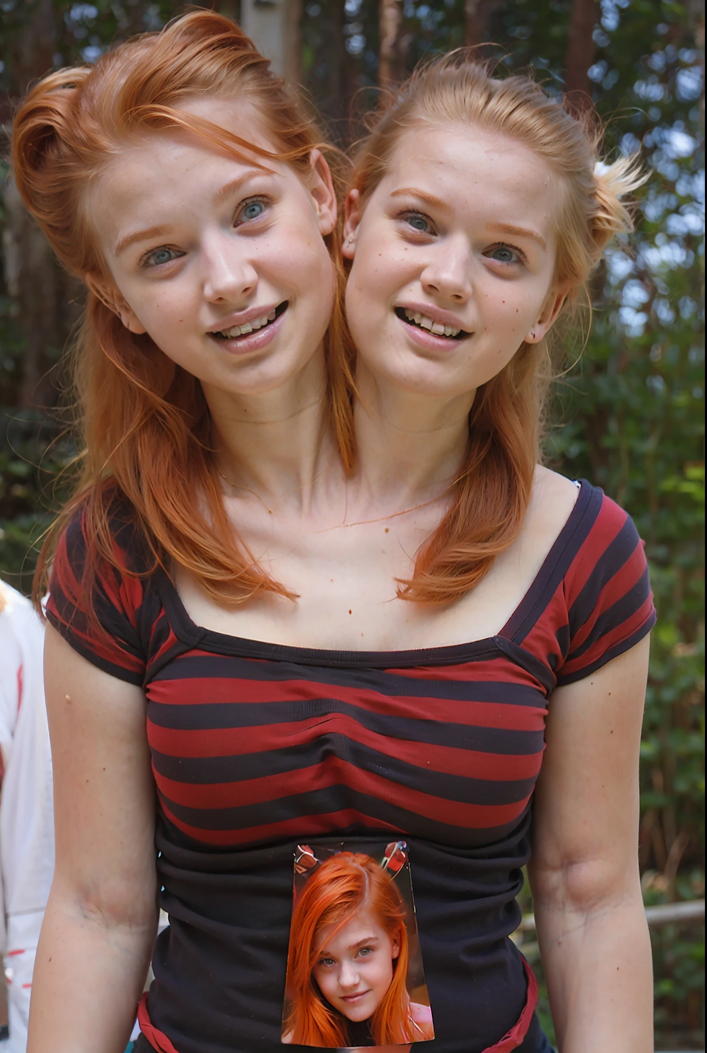 2heads, two headed girl, (teens:1.5), (female:1.5), (fraternal twins:1.5), (one head blonde, other head redhead:1.5), (two heads attached to one body:1.4), conjoined twins, heads side by side, one torso, young, uncomfortable, barefoot