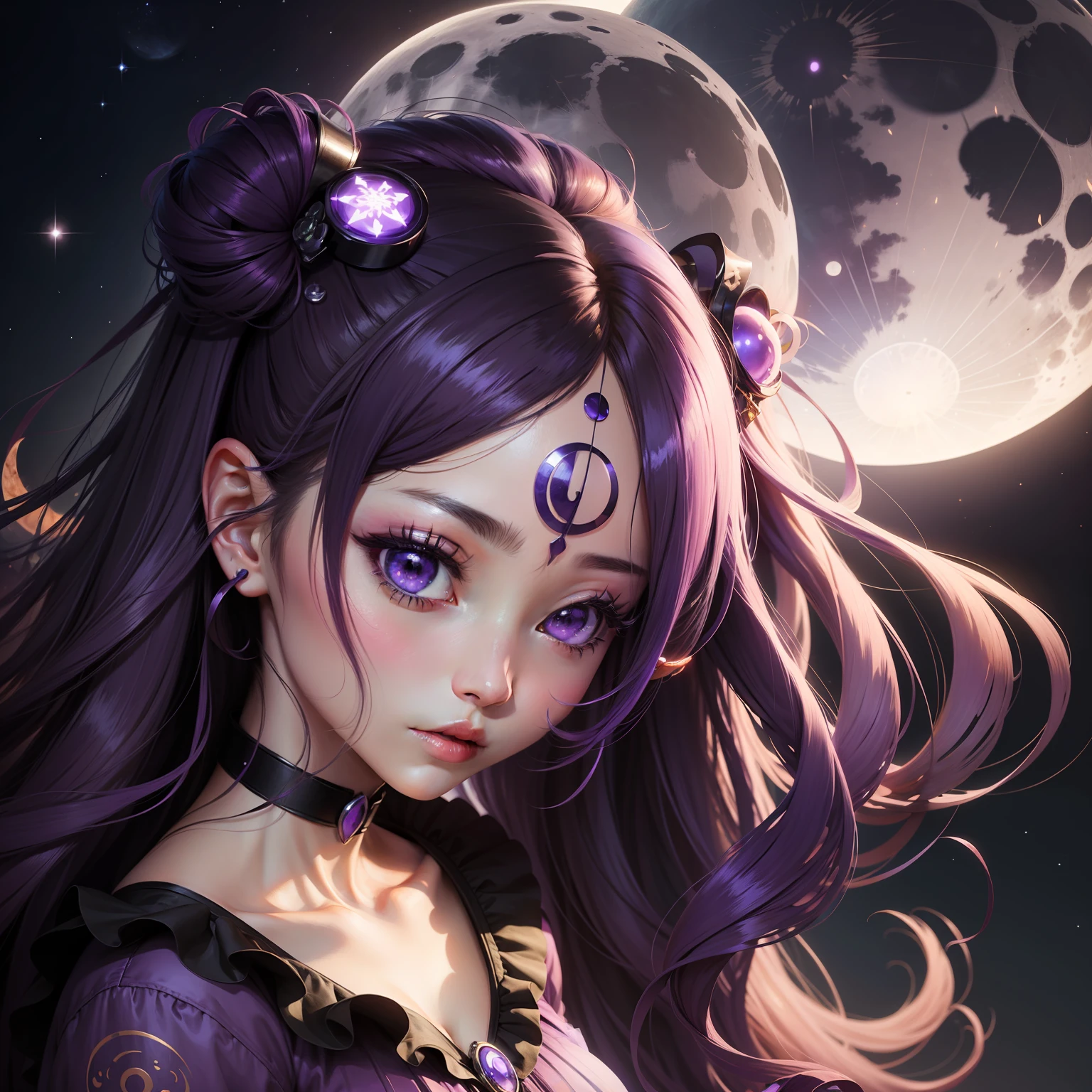 Purple Anime girl with a moon symbol on forehead purple theme of night under moon anime kawaii