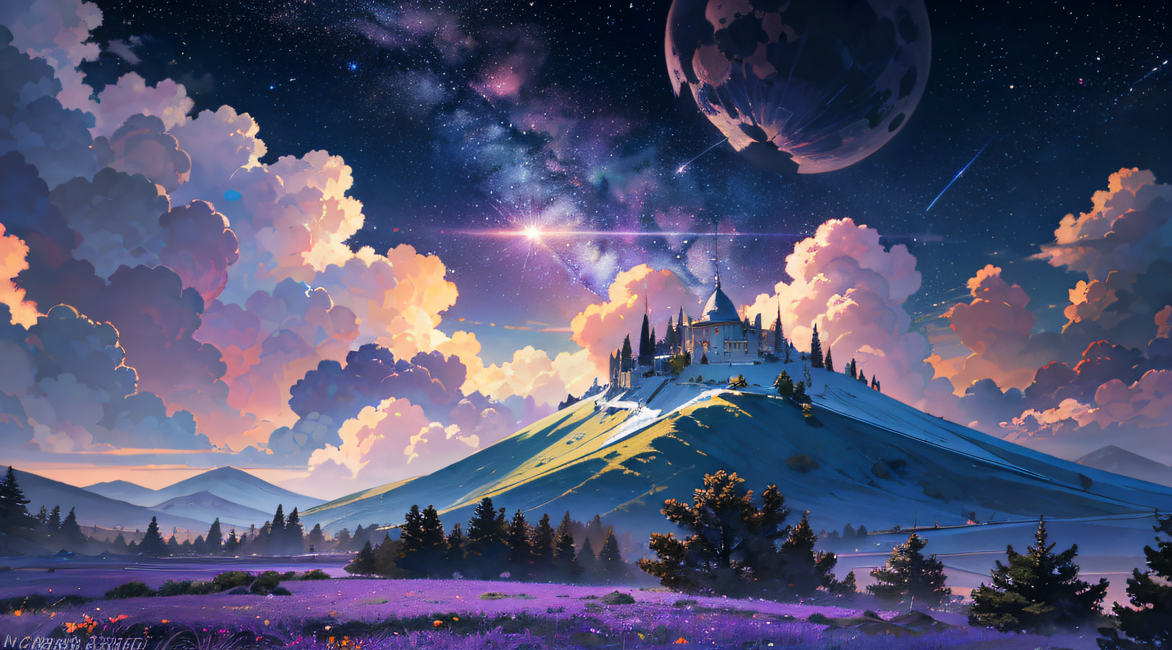 Expansive landscape photograph，（moon full：1.2），（meteors：0.9），（Starcloud：1.3），（Warm light source：1.2），（glowworm：1.2），lamp lights，Lots of purple and orange，Complicated details，Volumetriclighting，Realism BREAK（tmasterpiece：1.2），（best qualtiy），8K，Ultra-detailed，（dynamic compositions：1.4），The is very detailed，Colorful details，（Irridescent color：1.2），（luminouslighting，Atmospheric lighting），dream magical，magical，（独奏：1.2），（（best qualtiy））， （（tmasterpiece））， （the detail：1.4），depth of fields，maximum definition and sharpness，perfectly proportions，Fluttering clouds，Wallpapers