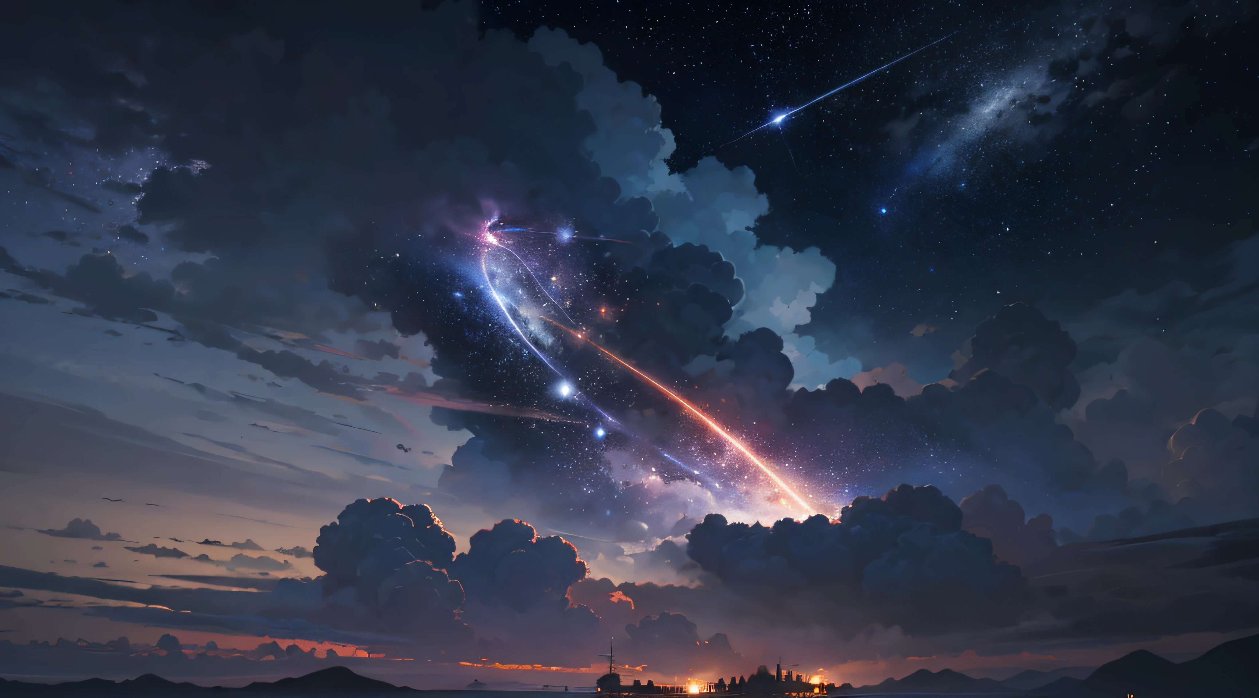 Expansive landscape photograph，（moon full：1.2），（meteors：0.9），（Starcloud：1.3），（Warm light source：1.2），（glowworm：1.2），lamp lights，Lots of purple and orange，Complicated details，Volumetriclighting，Realism BREAK（tmasterpiece：1.2），（best qualtiy），8K，Ultra-detailed，（dynamic compositions：1.4），The is very detailed，Colorful details，（Irridescent color：1.2），（luminouslighting，Atmospheric lighting），dream magical，magical，（独奏：1.2），（（best qualtiy））， （（tmasterpiece））， （the detail：1.4），depth of fields，maximum definition and sharpness，perfectly proportions，Fluttering clouds，Wallpapers