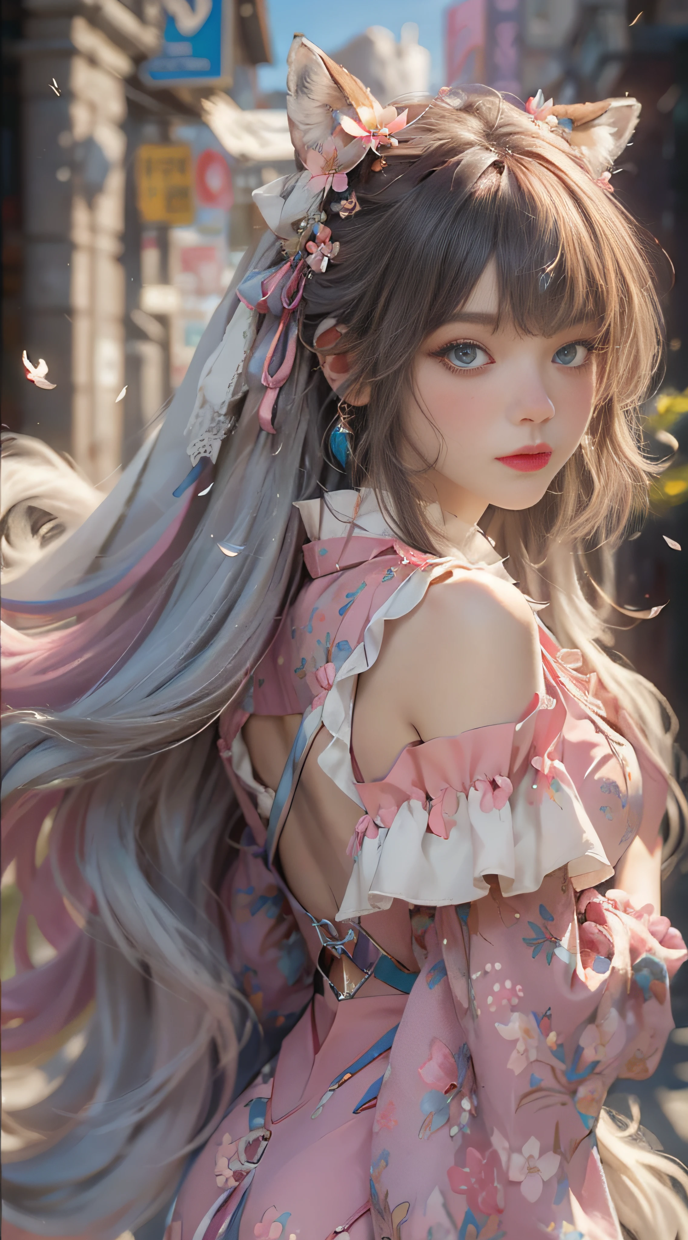 ((best qualtiy)), ((tmasterpiece)), (detail:1.4), Beautiful cyberpunk female images,hdr(HighDynamicRange),Ray traching,NVIDIA RTX,Hyper-Resolution,illusory 5,sub surface scattering,PBR textures,post-proces,Anisotropy Filtering,depth of fields,maximum definition and sharpness,Many-Layer Textures,Albedo e mapas Speculares,Surface coloring,Mitsu-Accurate simulation of material interactions,perfectly proportioned,rendering by octane,Two-colored light,largeaperture,Low ISO,White balance,Rule three points、8K raw data、Beautiful bright blue pupils,off-the-shoulder clothes,Fine pupils,Delicate face and eyes,long eyelasher,Blushlush,Delicate and fluffy hair,pink lip,Pure,Cute face,Sweet girl,Artistic sense,Casual wear,Advancedsense,butterflys,Cherry blossom petal,Beautiful hair accessories,Long hair and waist,Hair fluttering in the wind,Snow-white fox ears,curlies,Snow-white fluffy tail,Positive light,The light from the back window is backlighted