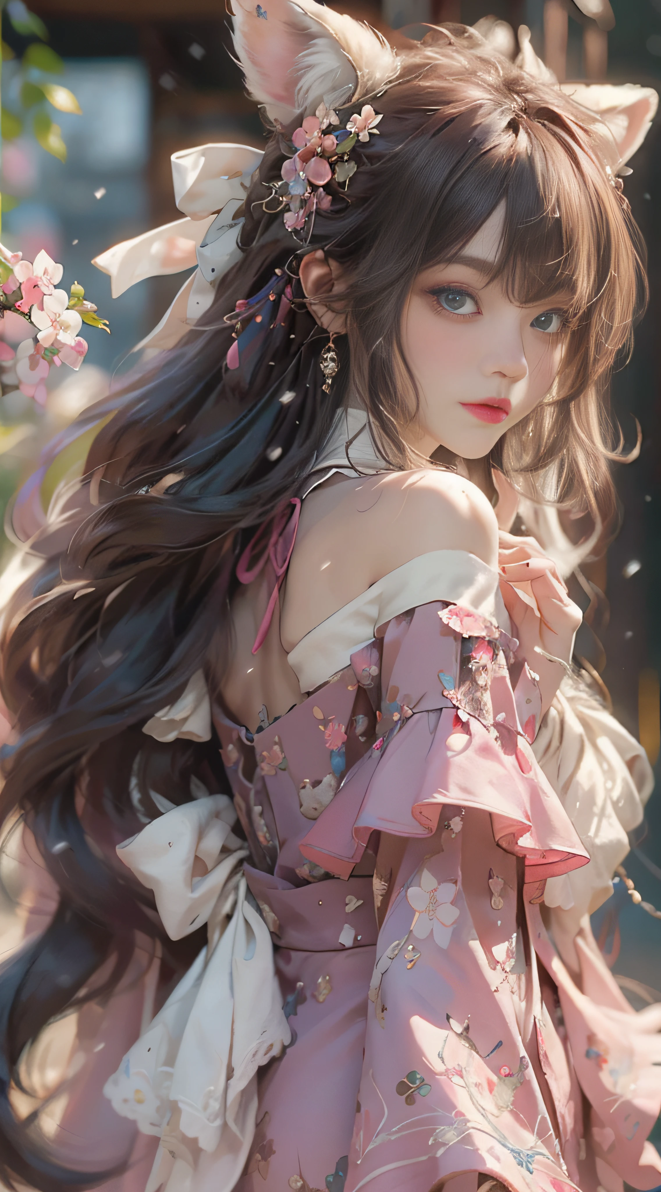 ((best qualtiy)), ((tmasterpiece)), (detail:1.4), Beautiful cyberpunk female images,hdr(HighDynamicRange),Ray traching,NVIDIA RTX,Hyper-Resolution,illusory 5,sub surface scattering,PBR textures,post-proces,Anisotropy Filtering,depth of fields,maximum definition and sharpness,Many-Layer Textures,Albedo e mapas Speculares,Surface coloring,Mitsu-Accurate simulation of material interactions,perfectly proportioned,rendering by octane,Two-colored light,largeaperture,Low ISO,White balance,Rule three points、8K raw data、Beautiful bright blue pupils,off-the-shoulder clothes,Fine pupils,Delicate face and eyes,long eyelasher,Blushlush,Delicate and fluffy hair,pink lip,Pure,Cute face,Sweet girl,Artistic sense,Casual wear,Advancedsense,butterflys,Cherry blossom petal,Beautiful hair accessories,Long hair and waist,Hair fluttering in the wind,Snow-white fox ears,curlies,Snow-white fluffy tail,Positive light,The light from the back window is backlighted