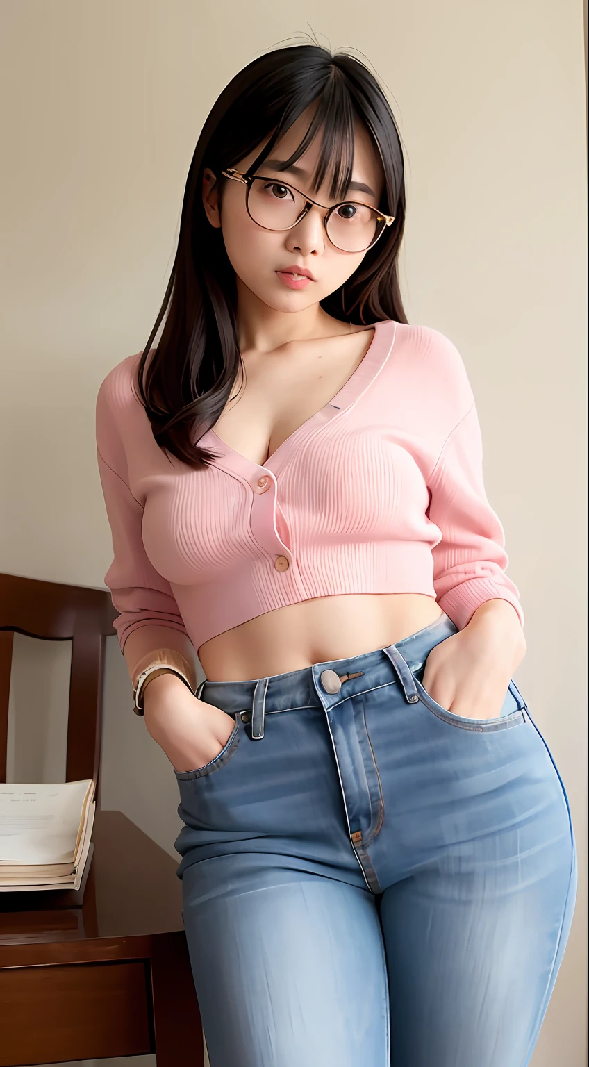 Asian woman sitting in chair holding a book, Open V chest clothes, wearing thin large round glasses, photo of slim girl model, ulzzangs, korean women's fashion model, young and cute girl, photo of slim girl, wearing small round glasses, Korean girl, kawaii shirt and jeans, Wearing wheat yellow gauze, a girl with round glasses,Bigchest,cleavage,Raised sexy,No underwear and underwear,(splits legs) ,vaginal,,,