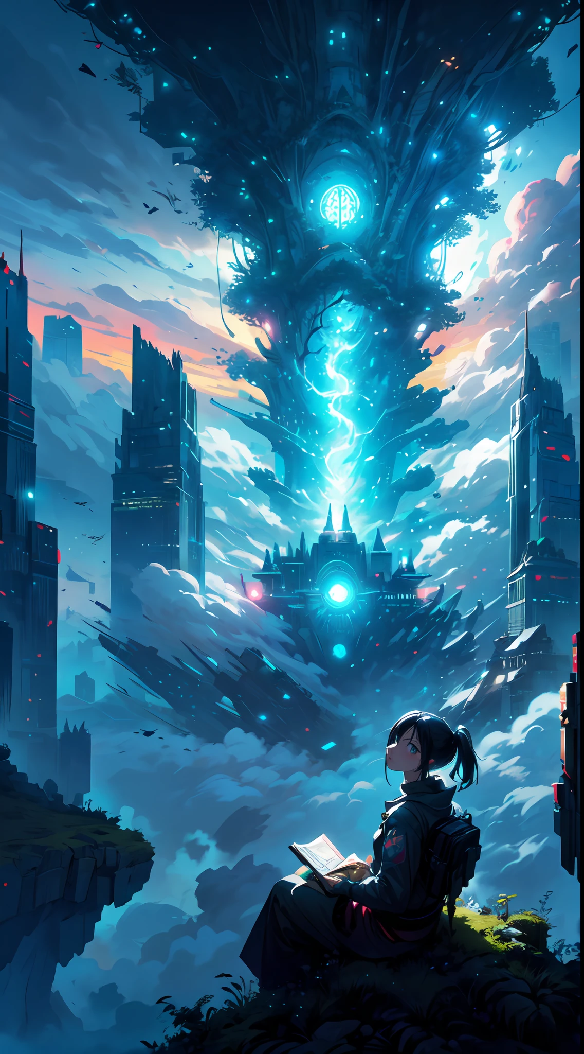 octane render, bioluminescent,8K resolution concept art, realism,by Mappa studios,masterpiece,best quality,official art,illustration,ligne claire,(cool_color),perfect composition,absurdres, fantasy,focused,(in the air),(above the cloud:1.4),(finely detailed modern lost_city:1.3),(lost_city towering above the clouds:1.2),epic,(focus_girl:1.2),(girl in city peak of Broken bridge), sitting on the verge of that bridge looking at the far horizons,rule of thirds,anime_face,fine-tuning face, detailed eyes,cute face,black hair, finely detailed fantasy traveler clothes,calm expression ,overhead_viewer,wind blow at viewer,fantastic plant,book,Giant World Tree,motion,(depth_of_field), extension image, view from above