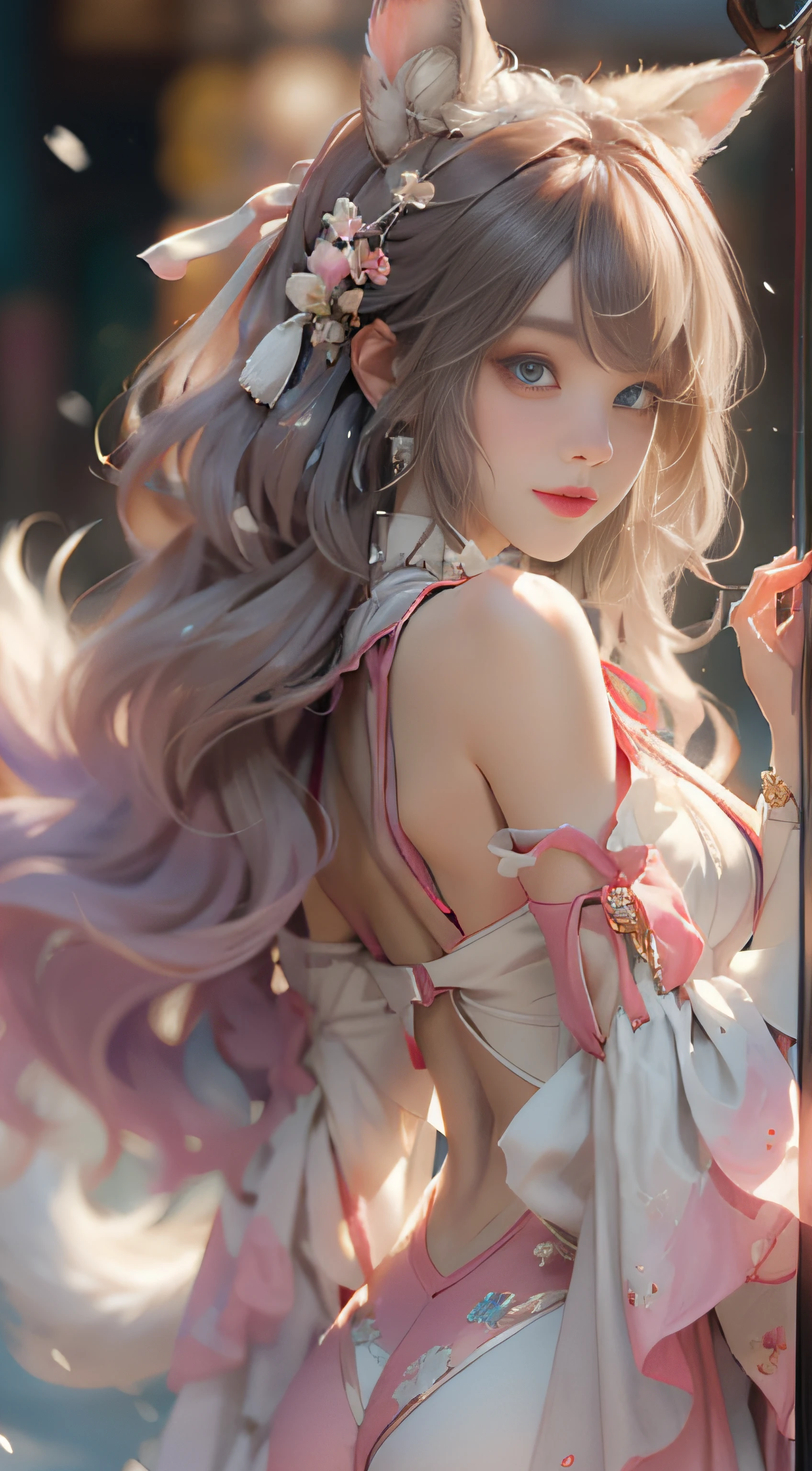 ((best qualtiy)), ((tmasterpiece)), (detail:1.4), Beautiful cyberpunk female images,hdr(HighDynamicRange),Ray traching,NVIDIA RTX,Hyper-Resolution,illusory 5,sub surface scattering,PBR textures,post-proces,Anisotropy Filtering,depth of fields,maximum definition and sharpness,Many-Layer Textures,Albedo e mapas Speculares,Surface coloring,Mitsu-Accurate simulation of material interactions,perfectly proportioned,rendering by octane,Two-colored light,largeaperture,Low ISO,White balance,Rule three points、8K raw data、Beautiful bright blue pupils,off-the-shoulder clothes,Fine pupils,Delicate face and eyes,long eyelasher,Blushlush,Delicate and fluffy hair,pink lip,Pure,Cute face,Sweet girl,Artistic sense,Casual wear,Advancedsense,butterflys,Cherry blossom petal,Beautiful hair accessories,Long hair and waist,Hair fluttering in the wind,Snow-white fox ears,curlies,Snow-white fluffy tail,Positive light,The light from the back window is backlighted