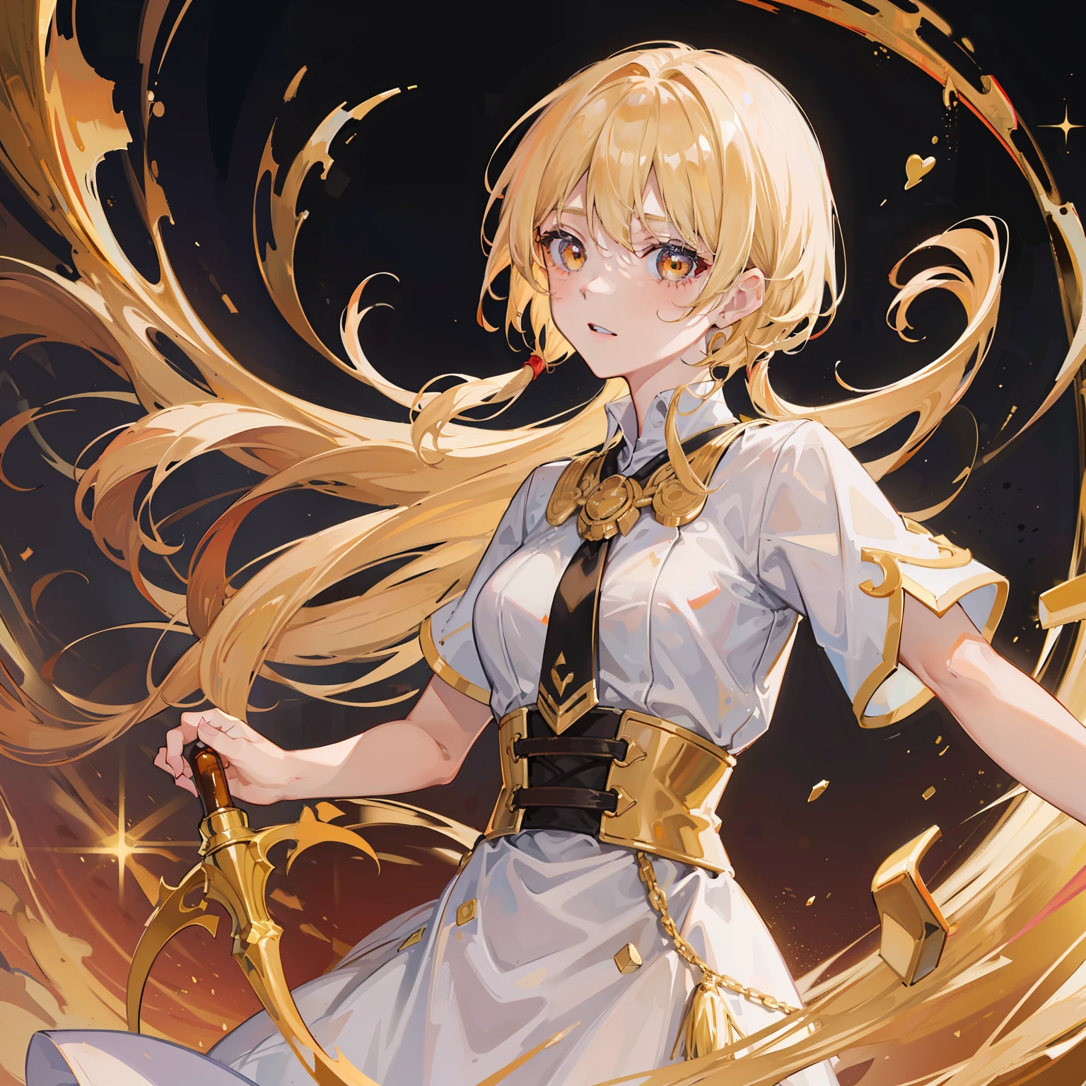 "High quality, masterpiece, solo, 1 girl with short light blonde hair, average height, red-yellow odd eyes."