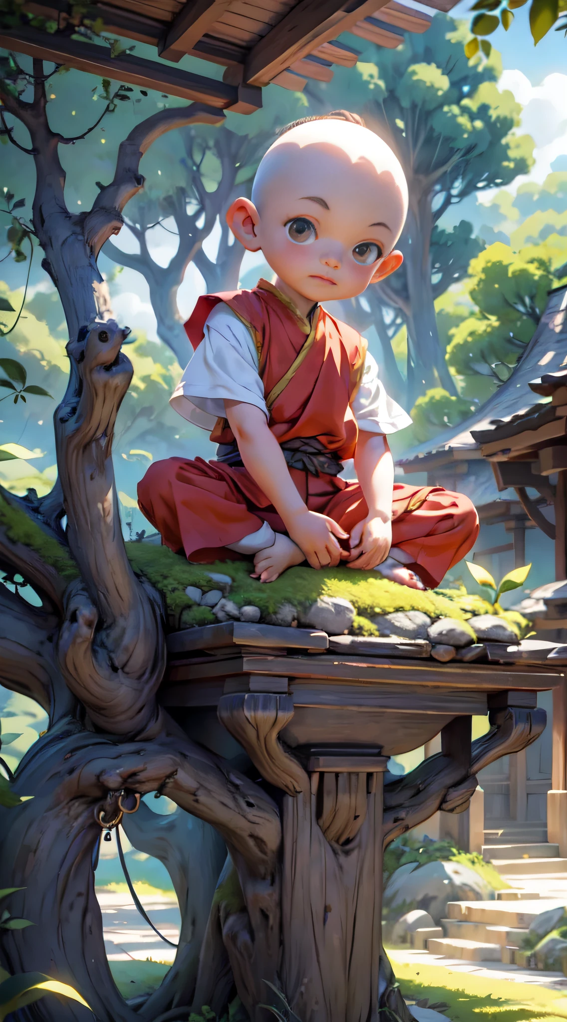 Boy,toddlers,(little monks:1),bald-headed,,The loveliest Frodo Bagins , largeeyes,crossedlegs,Meditate,A tranquil,Under the trees,falling leaf,The is facing the screen,Cartoony,art stations, .....CGI_animation,